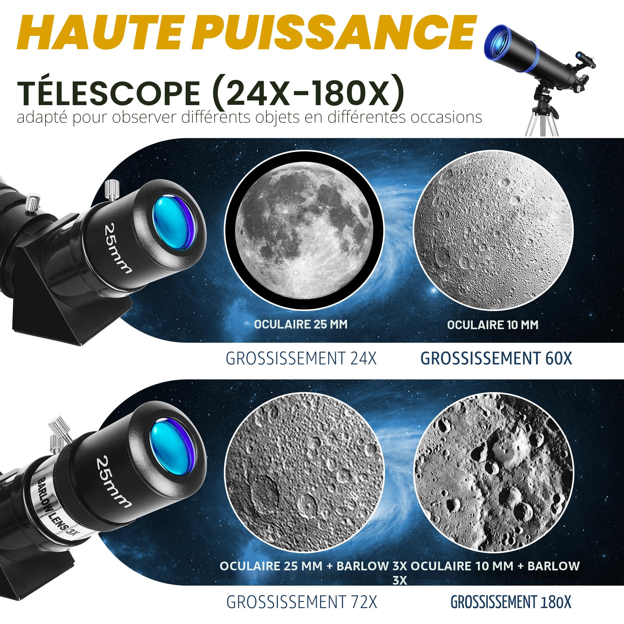 Télescope d'astronomie pour enfants&adultes débutants, 24x-180x, télescope réfracteur astronomique professionnel 80mm d'ouverture/600mm, télescope de voyage portable pour observation terrestre&lunaire