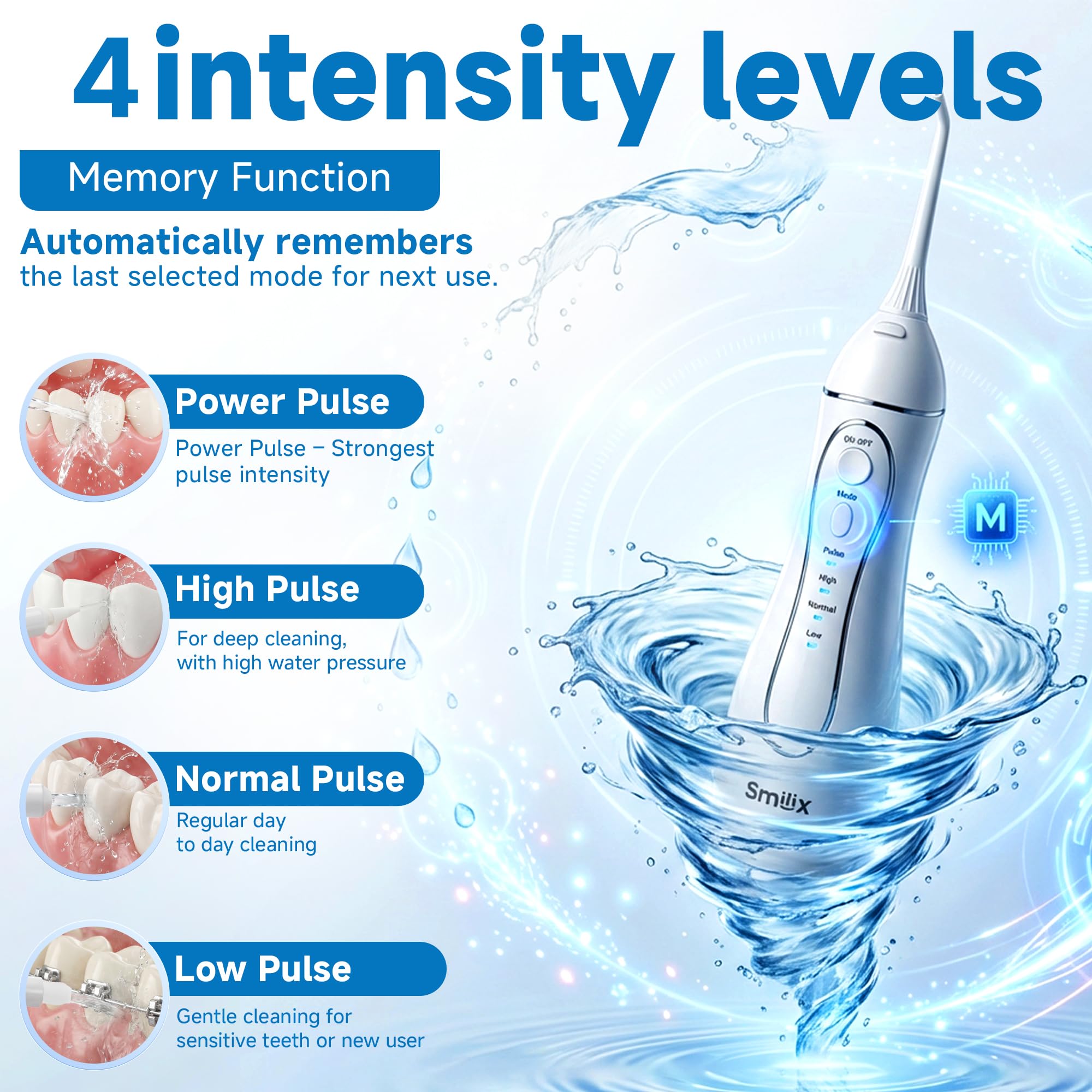 Idropulsore senza fili per la pulizia dei denti e le parentesi graffe, filo interdentale portatile 300 ml, ricarica rapida USB-C, impermeabile IPX7, 4 modalità di pulizia, 5 punte, custodia da viaggio