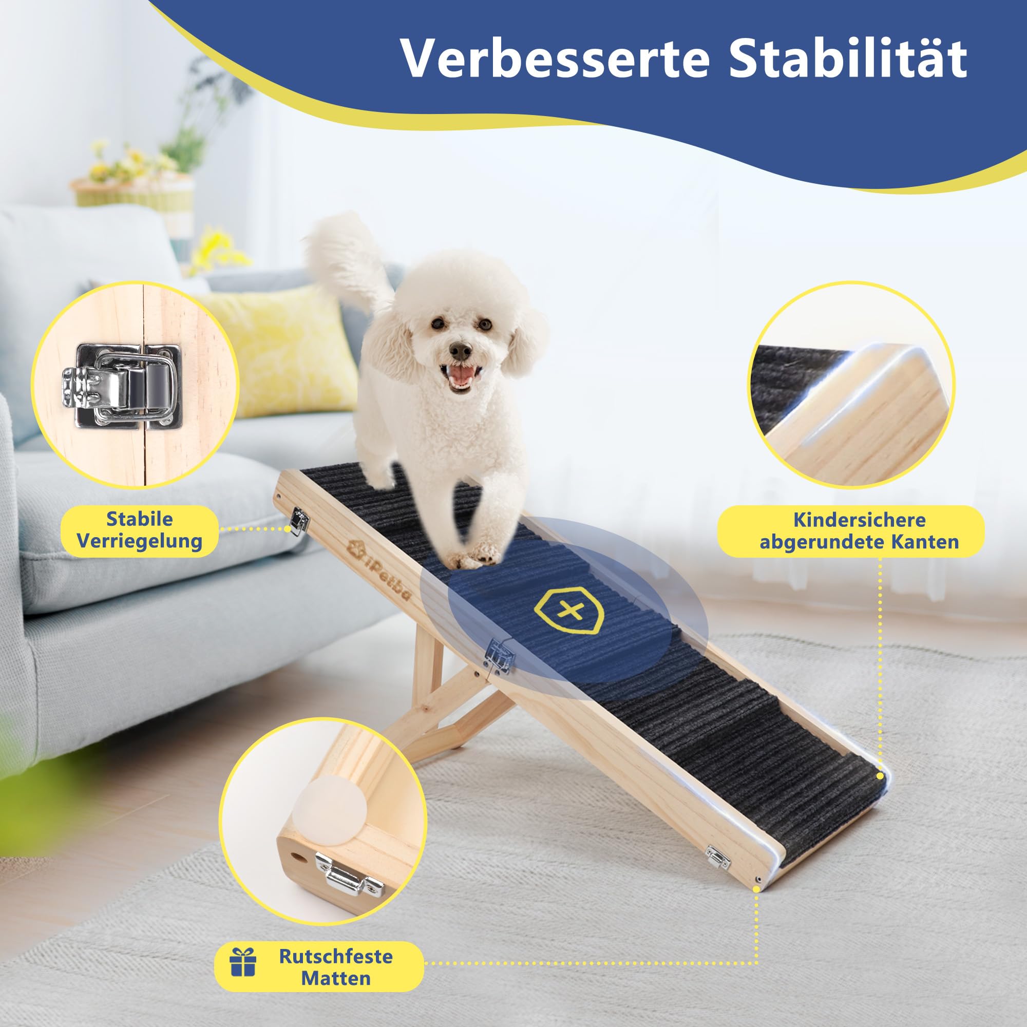 Hunderampe für Sofa und kleine Hunde bis 16 kg, Rampe für Couch und niedrige Möbel, aus Holz, höhenverstellbar, klappbar, rutschfest