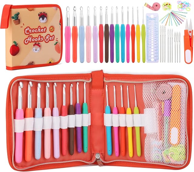 60Pcs Crochet Hooks Set, 14Pcs Aluminium Soft Grip Rubber Handle Needles Ergonomic Knitting Needles(2.0mm-10mm ), Knitting Accessories Tools with Stitch Markers Large-Eye Blunt Needles Storage Bag