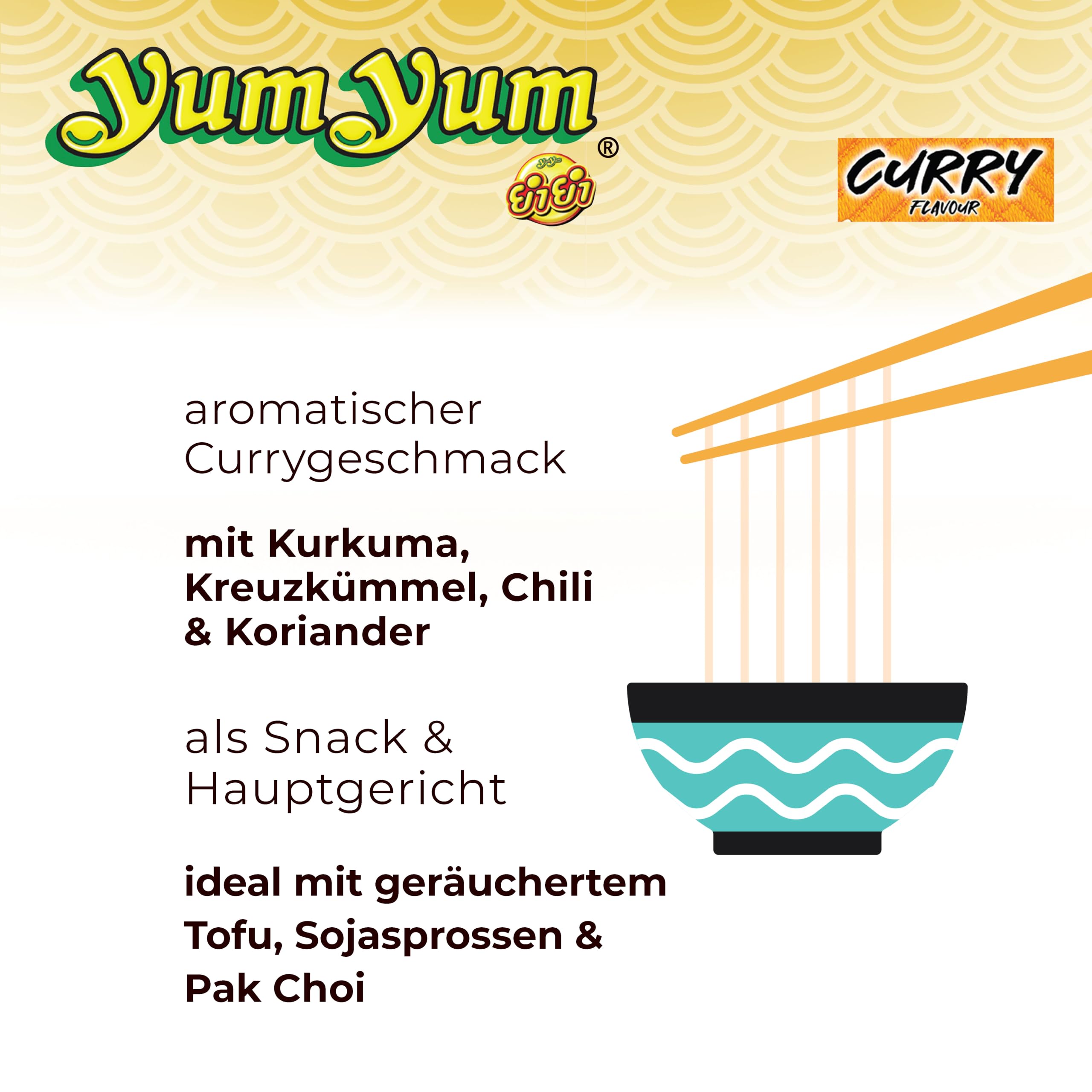 YumYum Curry Flavour 120x 60g Asiatische Instant Nudeln mit Currygeschmack, sofortiger Genuss als Snack, authentisch thailändisches Aroma, mit indischen Gewürzen, Produktion in Thailand