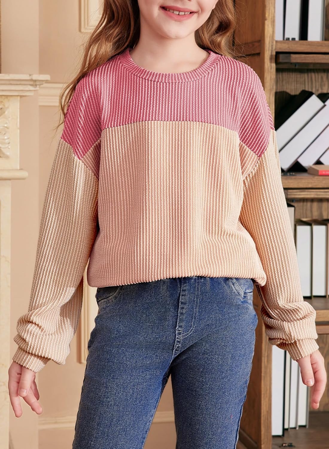 blibean Tween Girls Fall Long Sleeve Shirt Kid Color Block Tops Size 6-15 Years - Image 3