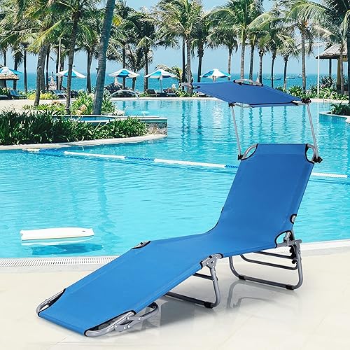 Miniatura 2 de Silla de playa GYMAX, tumbona, ajustable y plegable, con toldo y bolsillos laterales, resistente para tomar el sol, reclinable para uso en