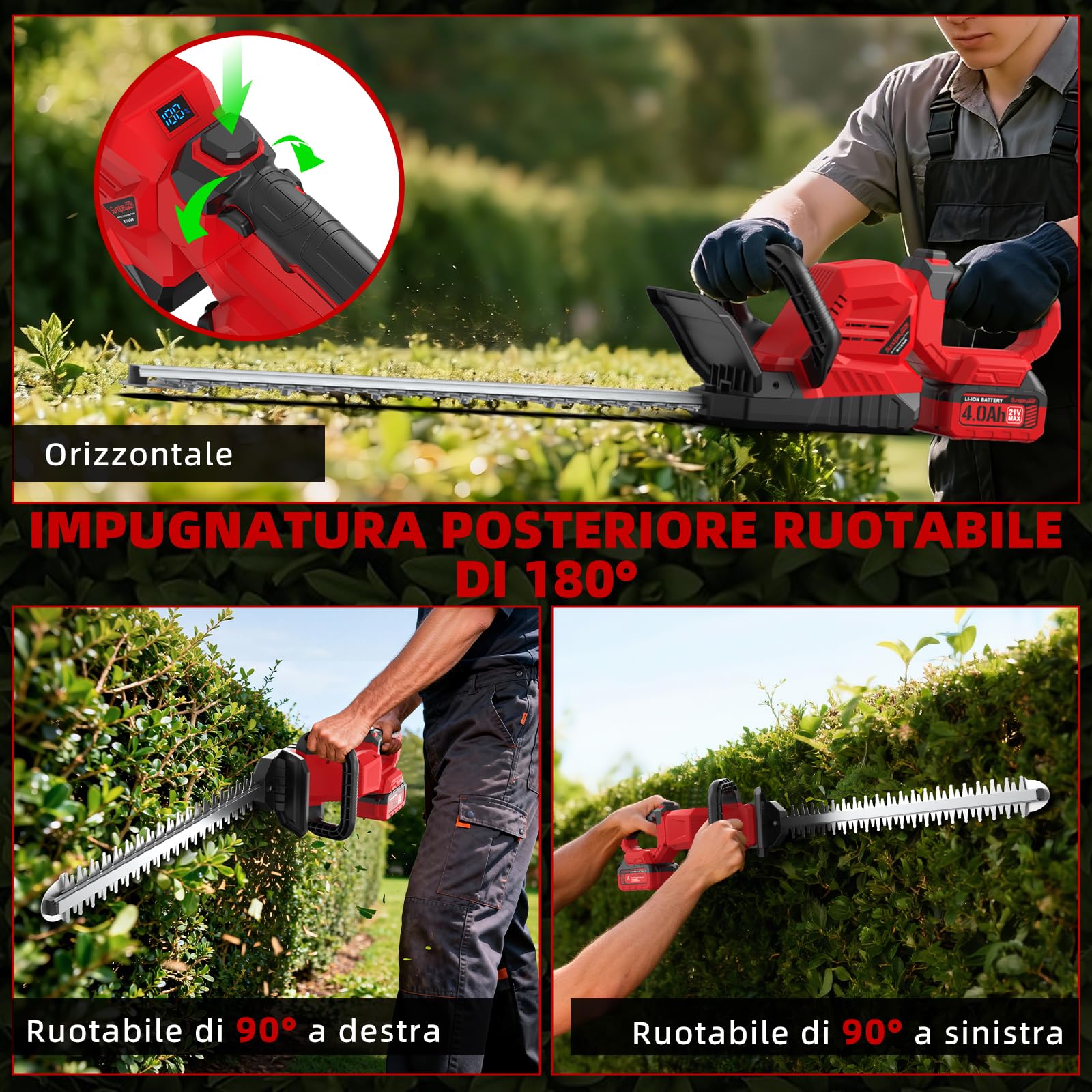 21V Tagliasiepi a Batteria 53cm - Tagliasiepi Elettrico a Batterie 2 x 4.0Ah, Diametro Di Taglio 16mm, Maniglia Ruotabile 180°, Taglia Siepe Giardino per Siepi, Arbusti, Potatura
