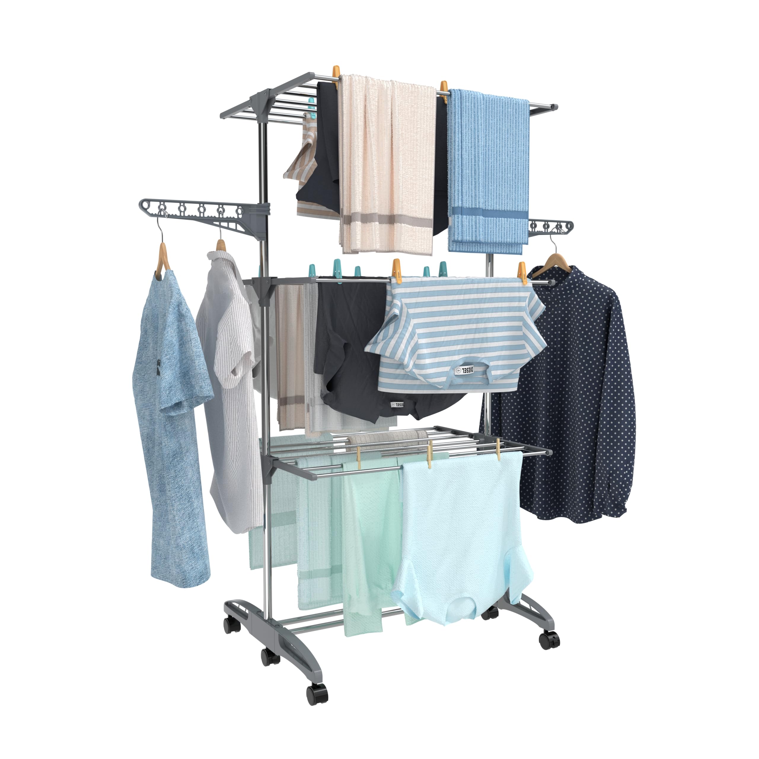 Hyfive Clothes Airer Clothes Drying Rack Indoor Clothes Horse Laundry Clothes Rack Clothes Dryer 4 Tier Foldable Space Saving With Shoe Rack Stainless Steel Easy Storage (Grey)