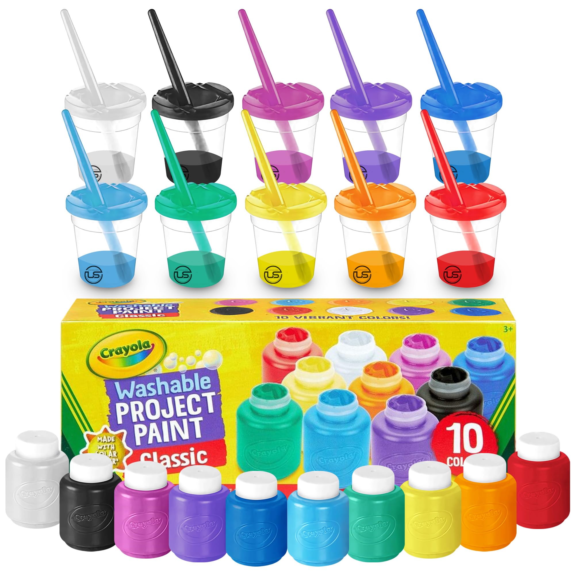 The Mega Deals Kids Painting Set – Washable Non-Toxic Finger Paints (10 Colors of 2 oz) with 10 Paint Cups & 10 Brushes Mess-Free Toddler Art Supplies Painting Kit for Kids Gift Bundle