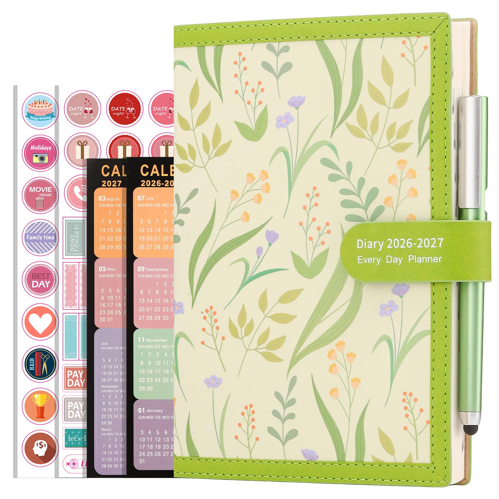 Mljtoyo Academic Diary 2026-2027 A5 Page a Day,Soft Cover Organiser Daily Planner from Jul 2026 to Jun 2027,A5 Day to Day Planner with Pen,Stickers,Back Pocket,3Bookmarks (GREEN, A5)