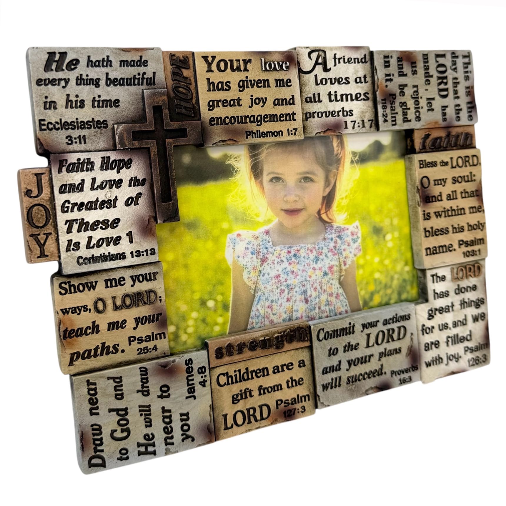 Top Brass Bible Verse 4x6 Picture Frame – Resin Motivational Christian Scripture, Inspirational Spiritual Quotes and Cross, Freestanding or Wall Hanging Home Décor