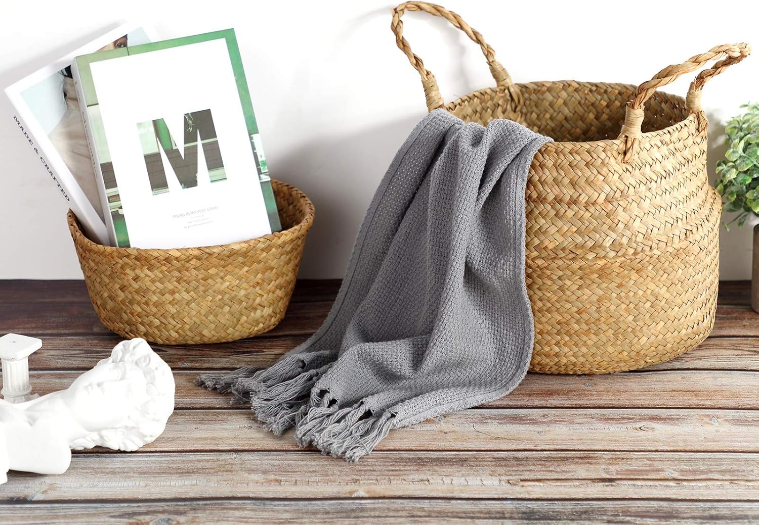Patelai 3 Set Seagrass Belly Storage Basket Woven Plant Pot Holder with Handles for Plants Picnic Grocery Laundry(Natural Color)