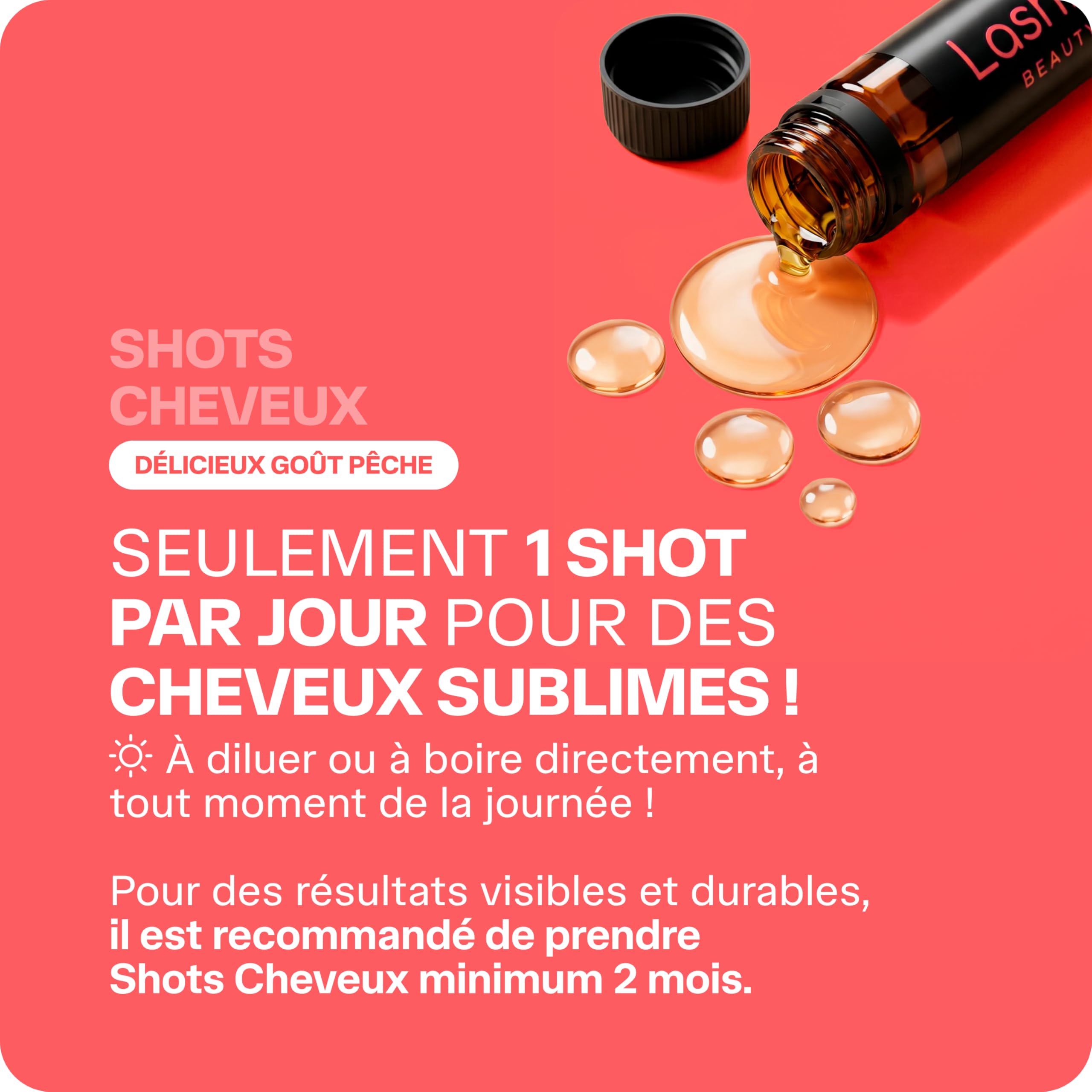 Lashilé Beauty - Complément Alimentaire - Formule 3 en 1 - Anti-chute croissance et fortification - Shots cheveux - Cheveux de vénus roquette prêle sélenium - Made in France - Programme 2 mois