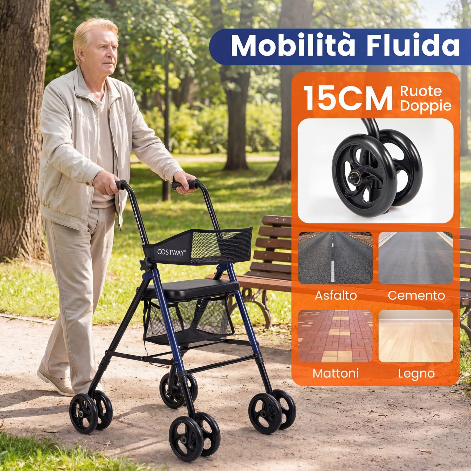 COSTWAY Deambulatore Pieghevole per Anziani, Girello a 4 Ruote con Sedile, Maniglie Regolabili a 8 Livelli, Schienale e Borsa a Rete, Deambulatore Rollator Ultraleggero per Disabil, Portata 136 kg