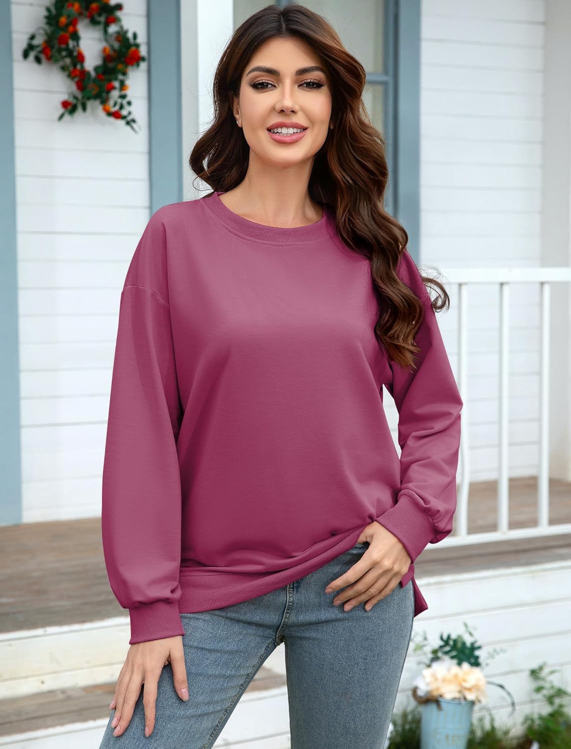 Womens Crewneck Sweatshirts Fashion Lightweight Sweatshirt Casual Long Sleeve Pullovers With Pockets - Image 2