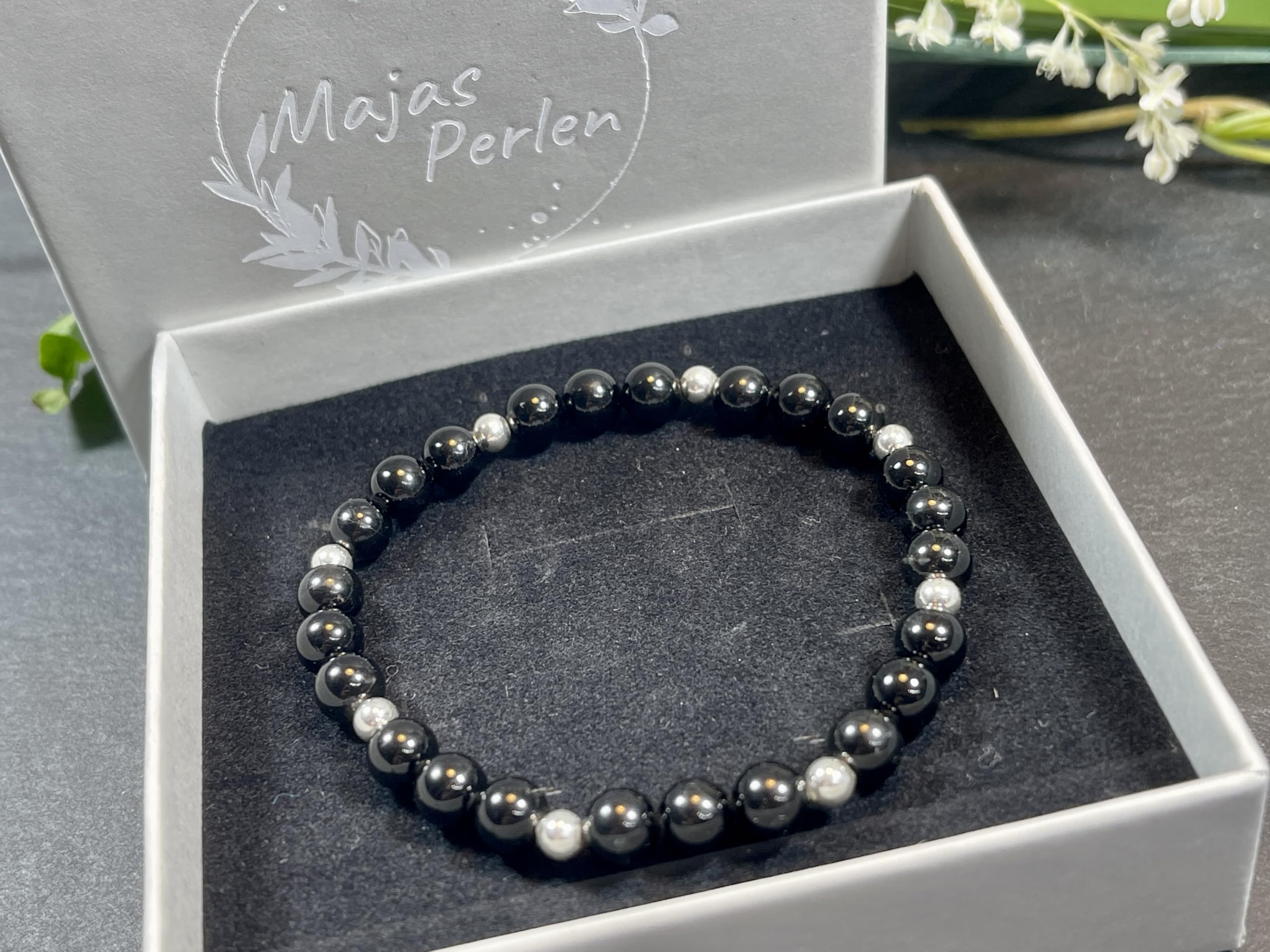 Turmalin Armband Perlen echt 6mm mit Edelstahlperlen 4mm Silber Gold Roségold oder Ionisiert - Handmade Perlenarmband Schwarz Schutz Kraft Stärke - Spiritueller Schmuck Unisex