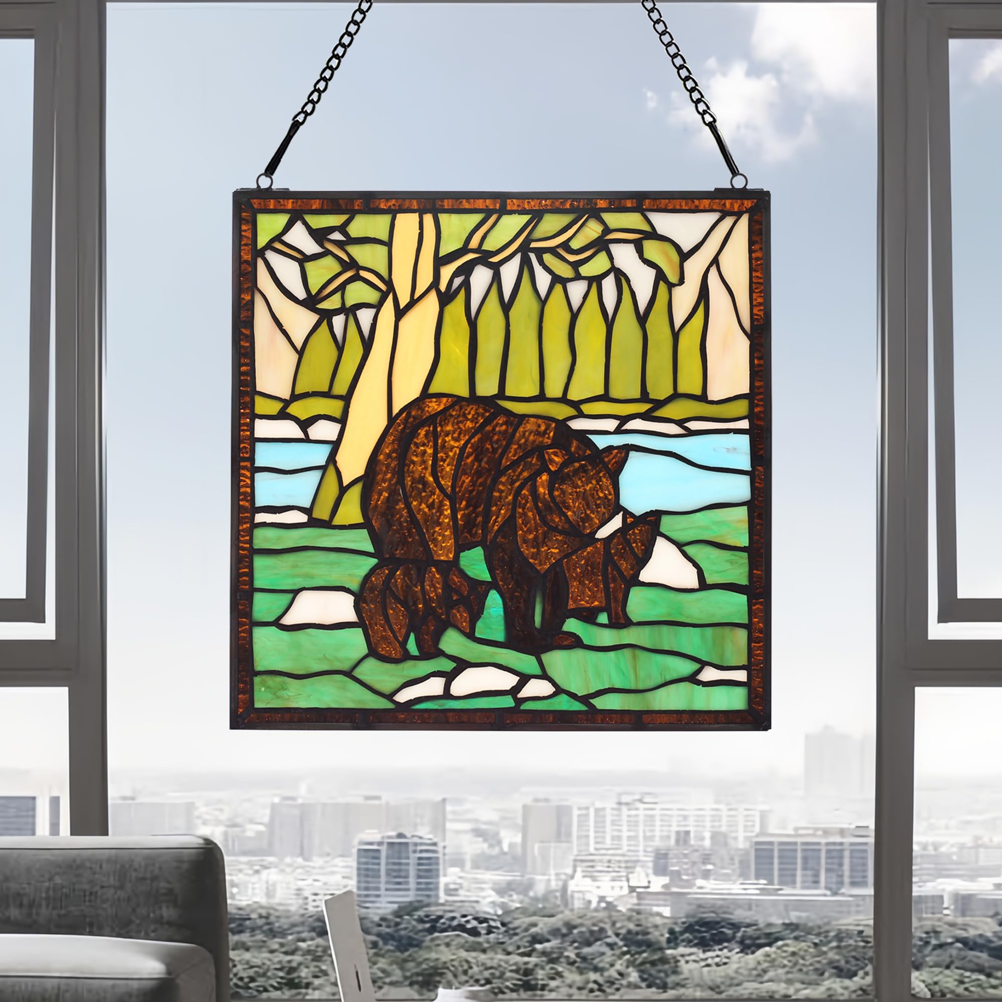 bwkoiujes Buntglas-Fensterbehang, 30,5 cm, quadratisch, Tiffany-Tier-Stil, 3 braune Bären, Sonnenfänger, Wanddekoration, Kunst-Panel, inklusive 50,8 cm Kette und Haken, das perfekte Geschenk zum