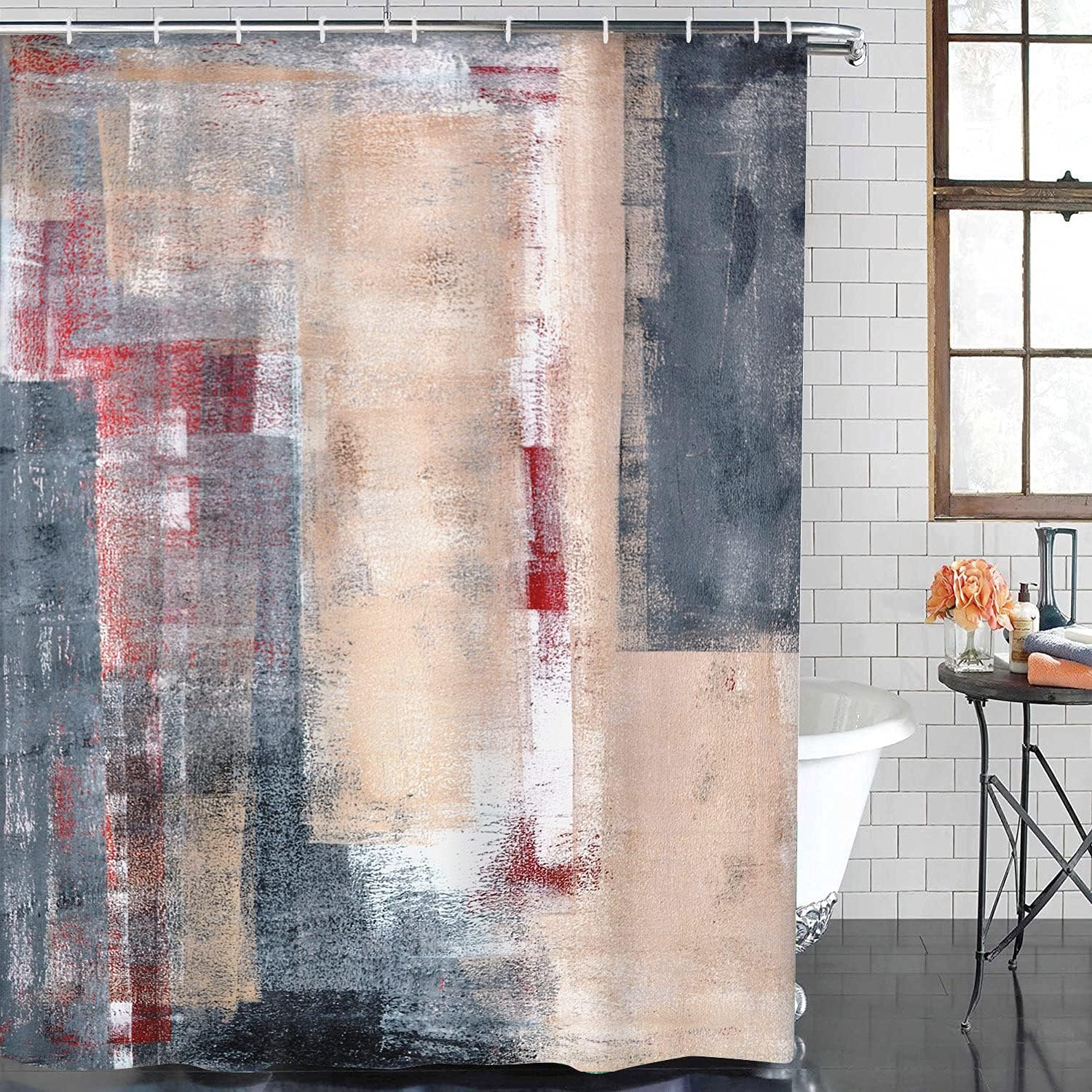 ArtSocket 4 Pcs Shower Curtain Set Beige Grey Red Abstract Pink Painting with Non-Slip Rugs Toilet Lid Cover and Bath Mat Bathroom Decor Set 72" x 72"