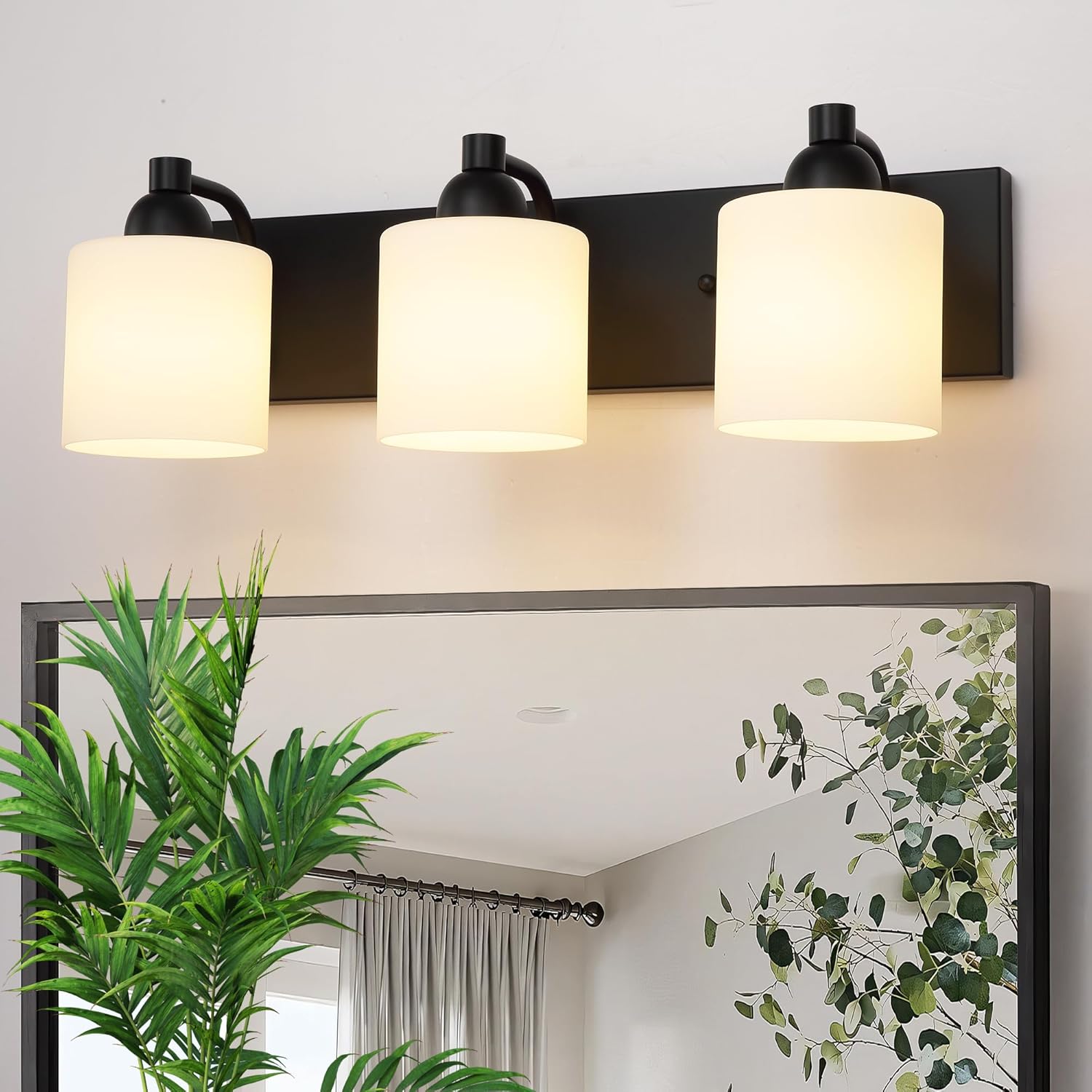 Milk Glass Bathroom Vanity Light Over Mirror, 3 Light Matte Black Bathroom Light Fixtures with Frosted Glass, Modern Vanity Lighting Wall Mount Matte Black 3 Light