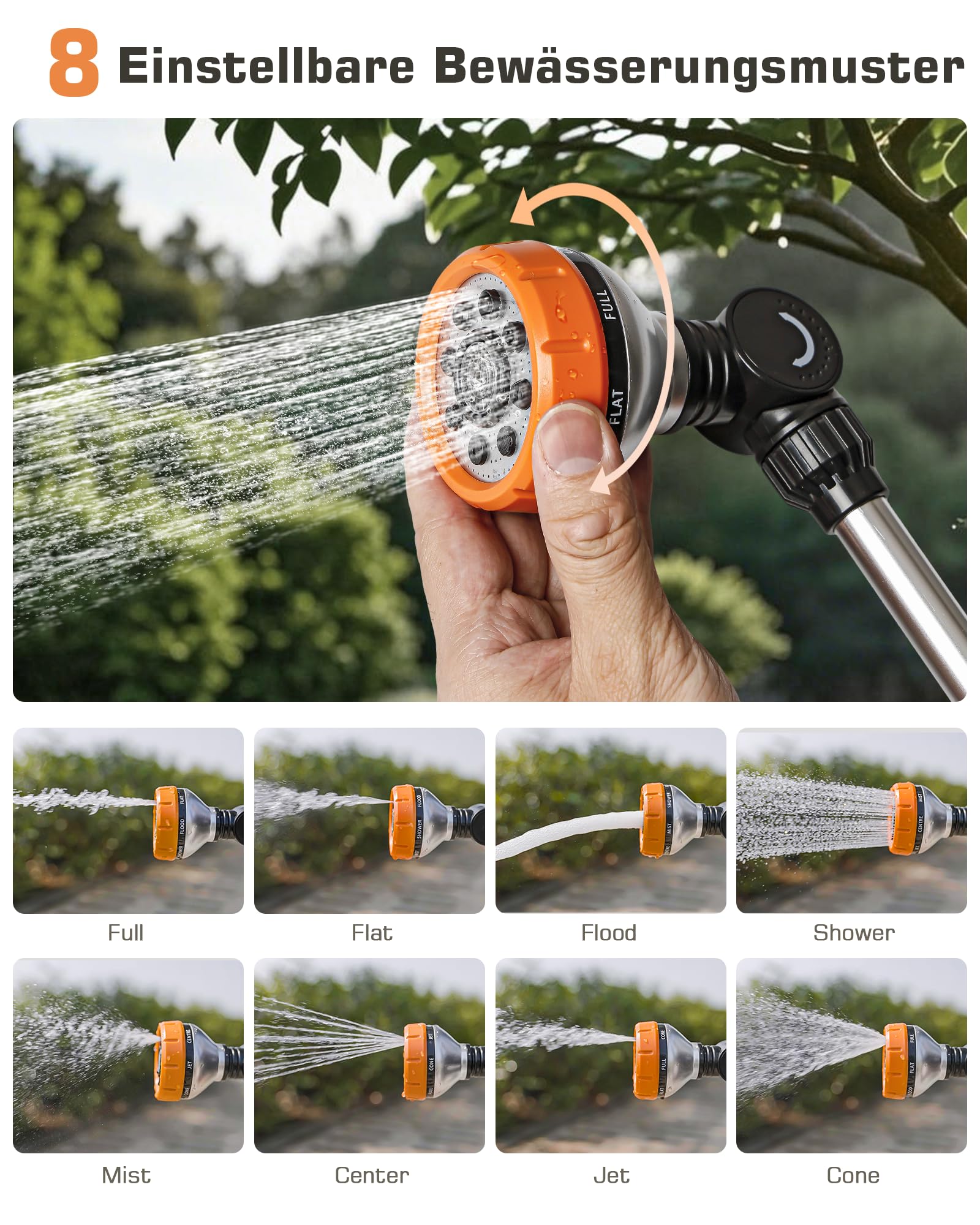 Unistyle Varilla de riego, robusta ducha de jardín, 8 tipos de chorro, barra de riego con control de pulgar, ducha de mano para riego y limpieza de jardín, varita mágica para cestas colgantes y