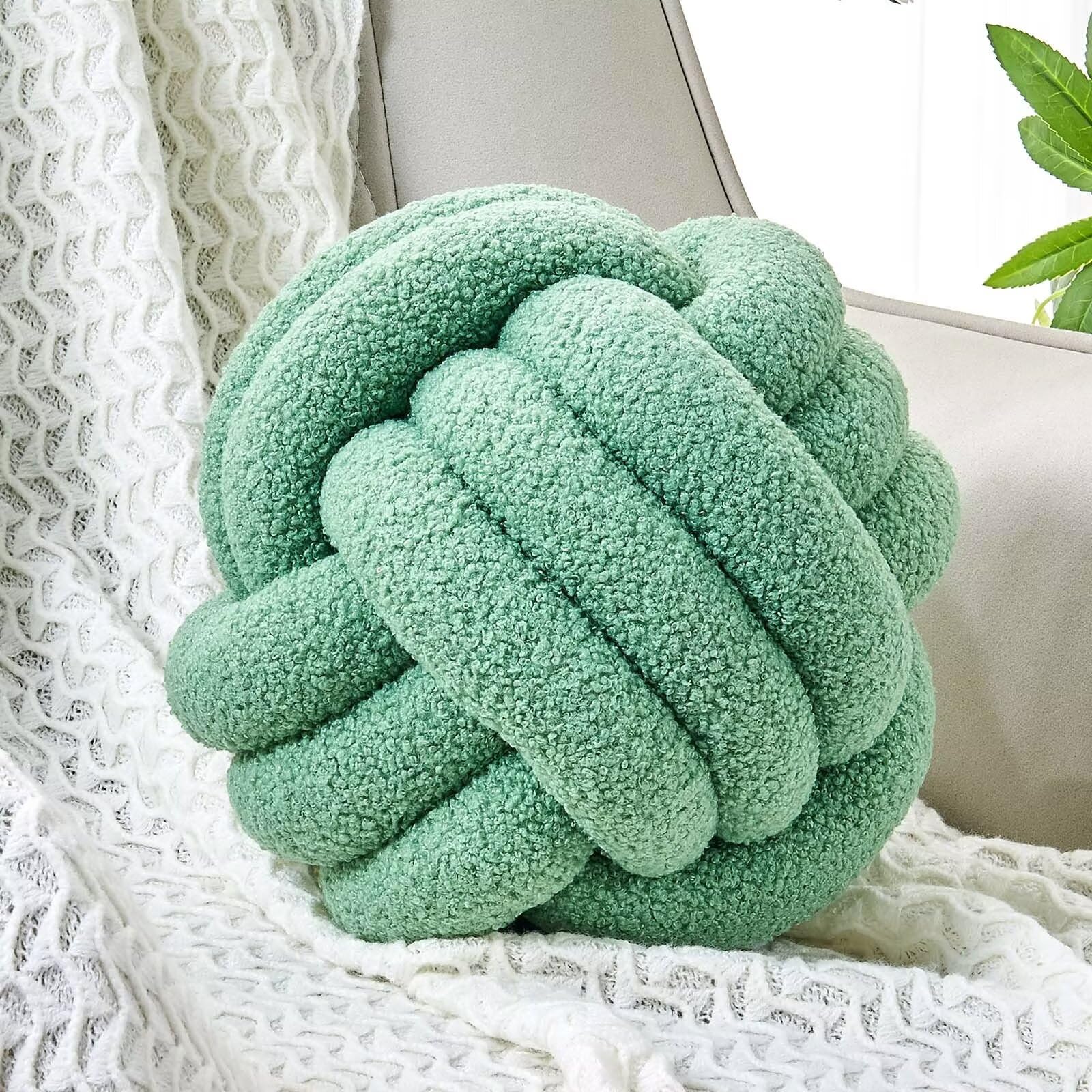 Uvvyui Knot Pillow Ball, Soft Home Decorative Round Throw Pillow, Handmade Knotted Plush Pillow, Round Boucle Pillow Cushion (8.6 Inches Sage Green)
