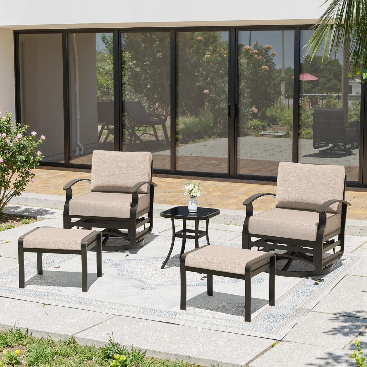 Gotland 5 Piece Patio Set, Aluminum Outdoor Swivel Chairs Set of 2 with 2 Ottoman 5.1’’ High-Resilience Seat Cushions Tempered Glass Coffee Table Removable Cushions, Metal Patio Furniture Set, Khaki