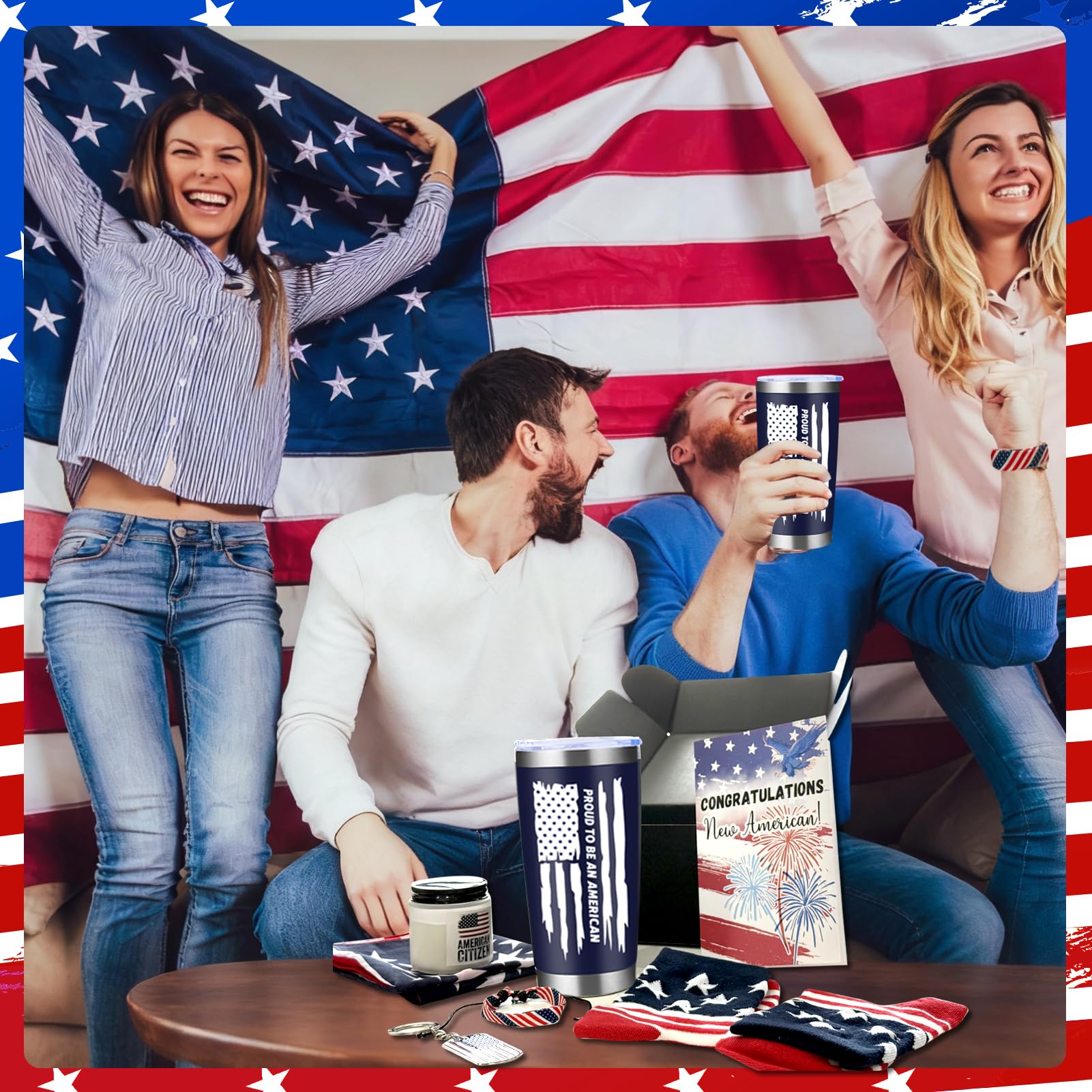 7 Pcs New US Citizenship Gift American Flag Gifts Set Include Water Bottle Wristband Handkerchief Keychain Socks Aromatherapy Card Patriotic Gift Box Congratulations Card for Foreigners Veterans