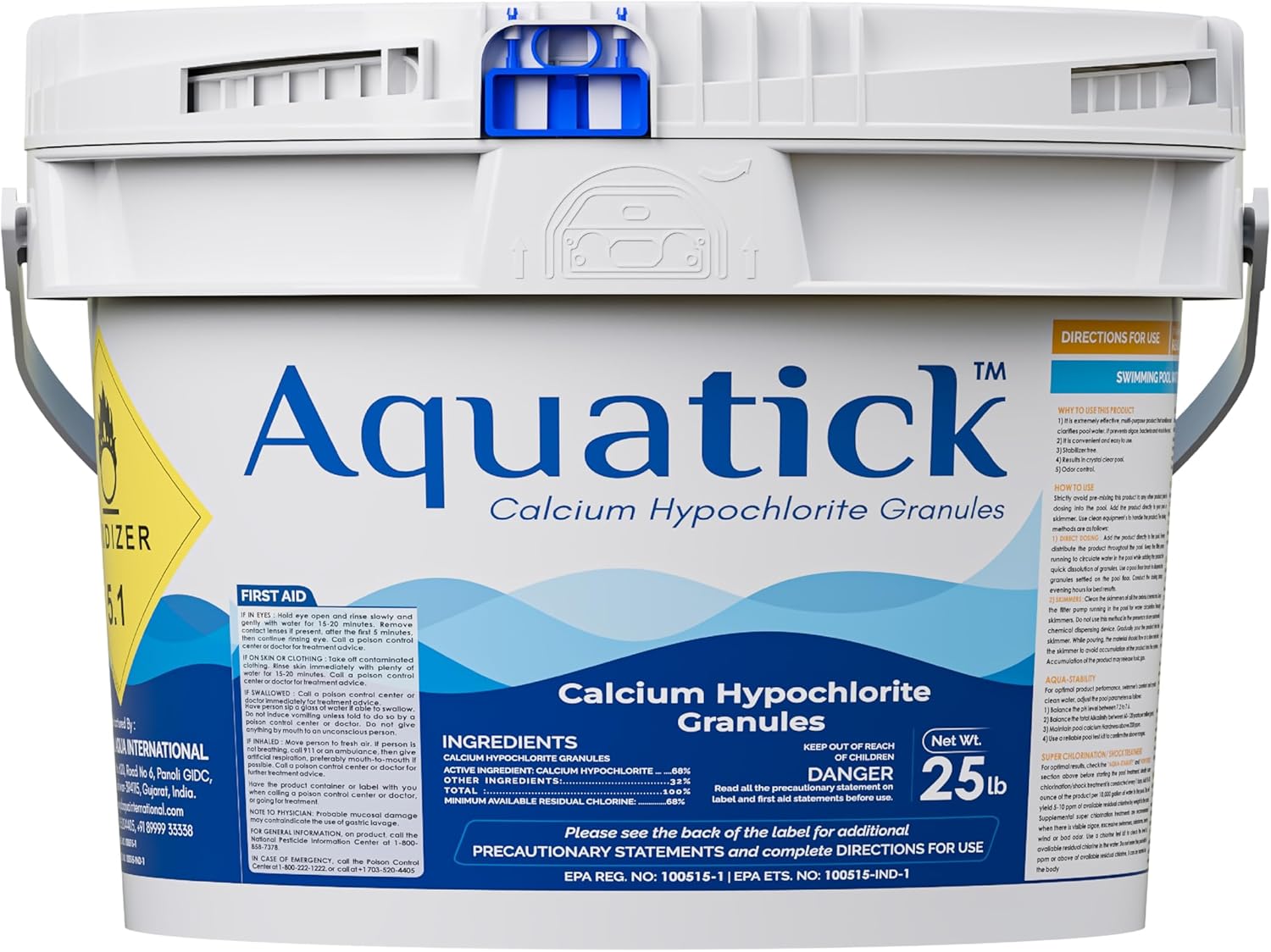 AquaTick 68% Calcium Hypochlorite Granules Pool Shock – 25 lb Bucket High Strength Non-Stabilized Chlorine for Swimming Pools and Spas
