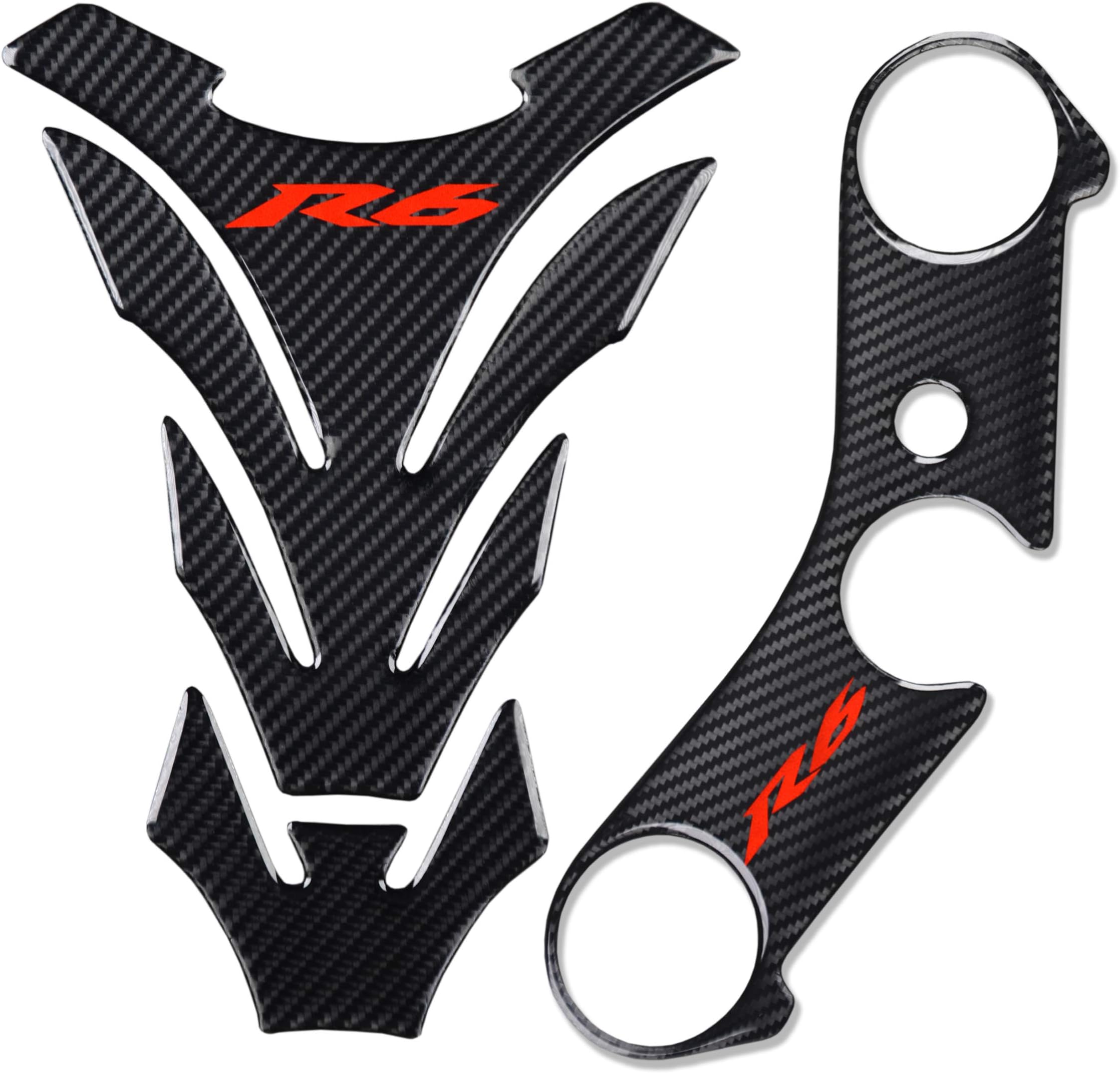 Real Carbon Look Triple Tree Front End Upper, Top Clamp Decal Stickers, Tank Pad, Tank Protector for Yzf R6 with Keychain, 3 Pcs Per Set