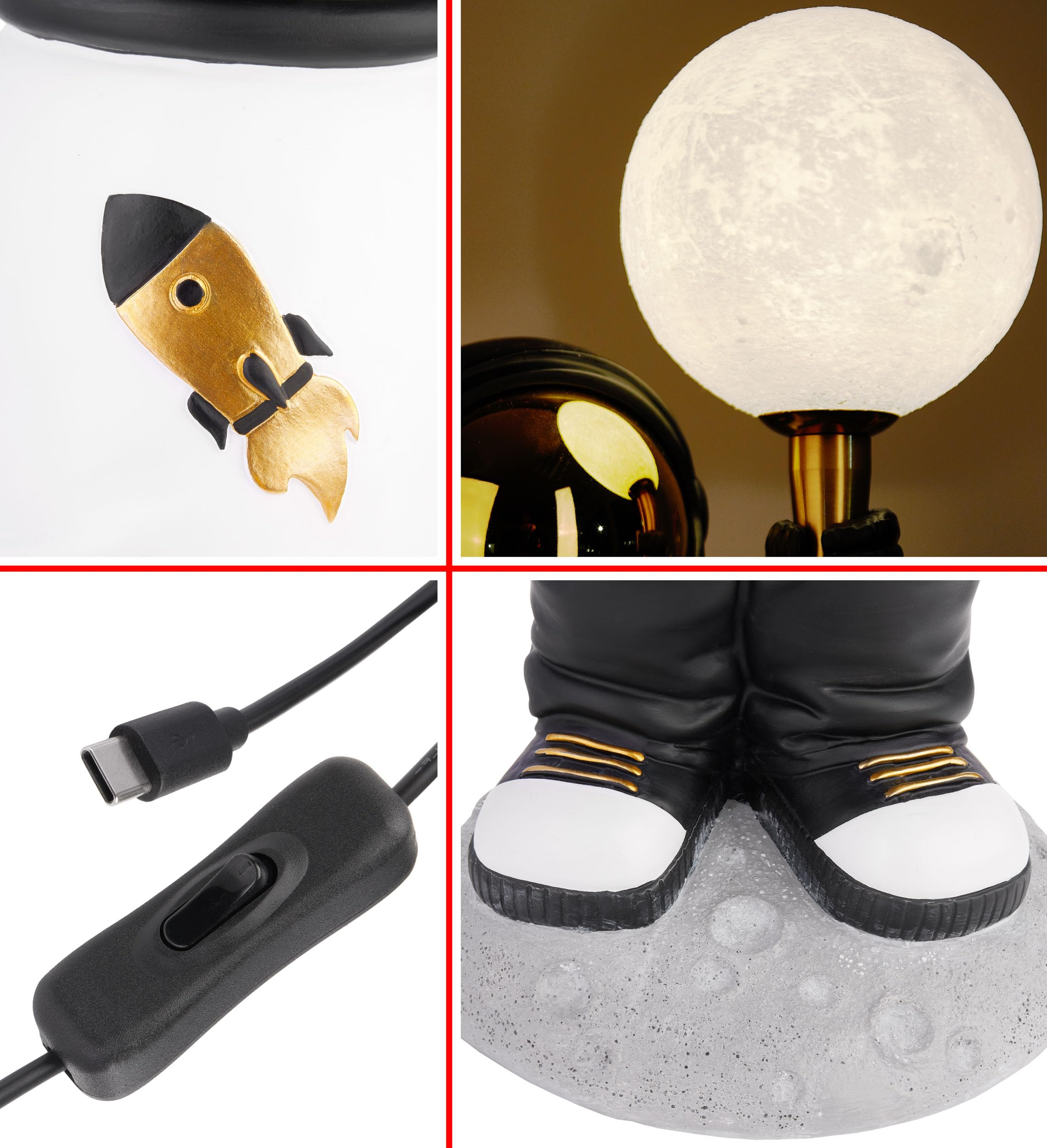 Brubaker Lampada da Tavolo Astronauta - Lampada da Comodino Spaziale da 46 cm con Spina USB-C - Statua Decorativa Dipinta a Mano con Lampada Lunare - Oro, Bianco e Nero