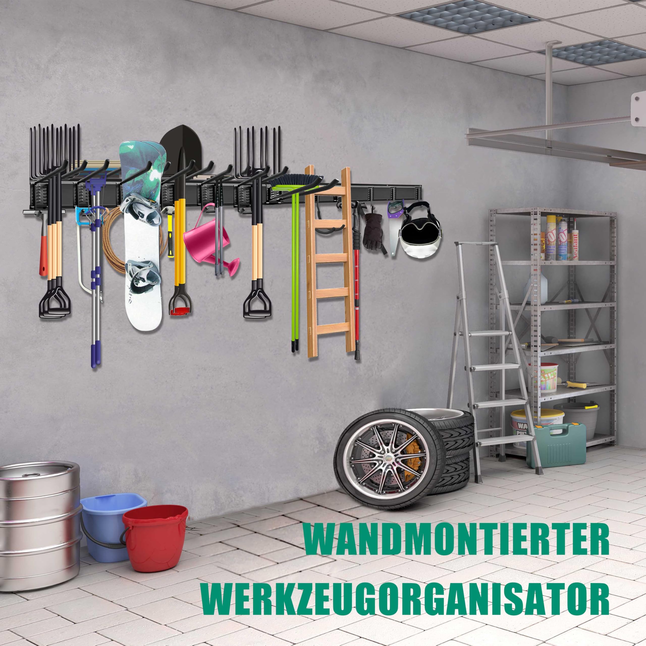 Mimoke Wandhalterung für Garage und Garten – 4 Schienen, 12 vielseitige Haken, Gesamtlänge 162 cm, robust und ideal für Gartengeräte