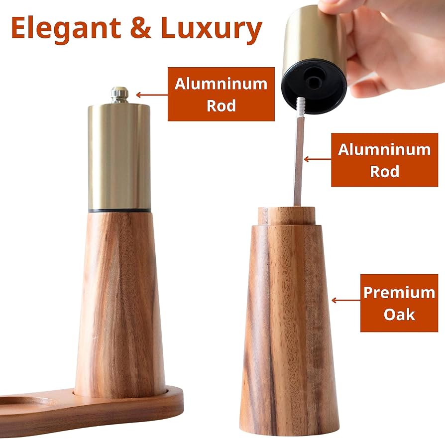 Set Macinapepe E Sale In Oro E Legno Con Imbuto Omaggio - Regolabile E Moderno Per Cucina - 4