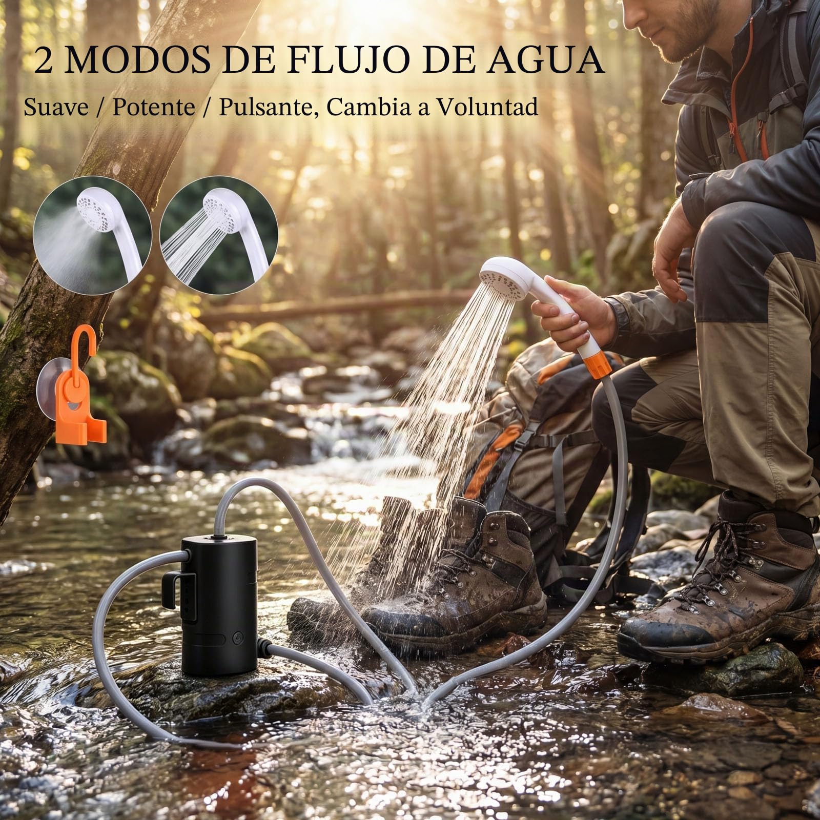 Ducha portátil al Aire Libre, IPX7 Resistente al Agua, con luz LED, batería de 4400 mha, Carga USB, Bomba de Ducha eléctrica+Bolsa de Agua de 20 l, Adecuada para Senderismo, mochilero