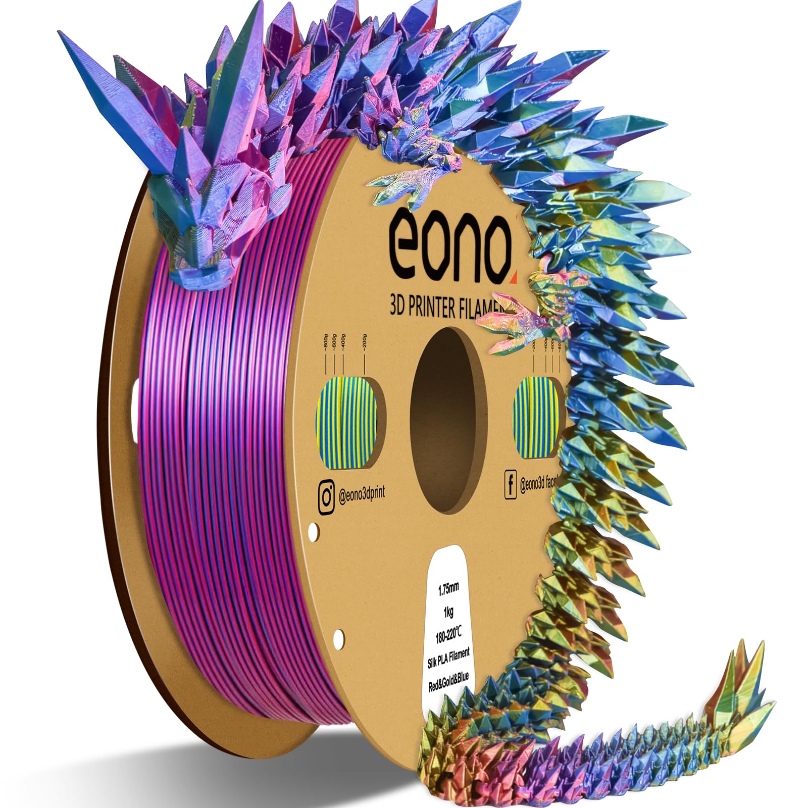 EONO PLA Filament 1,75 mm Silk Rainbow Tricolor 3D Drucker 1kg | Regenbogen Rot/Gold/Blau · 1,75mm · 1kg · 3-Farb Coextrusion · Vakuumverpackt · Bambu Lab Creality Anycubic kompatibel