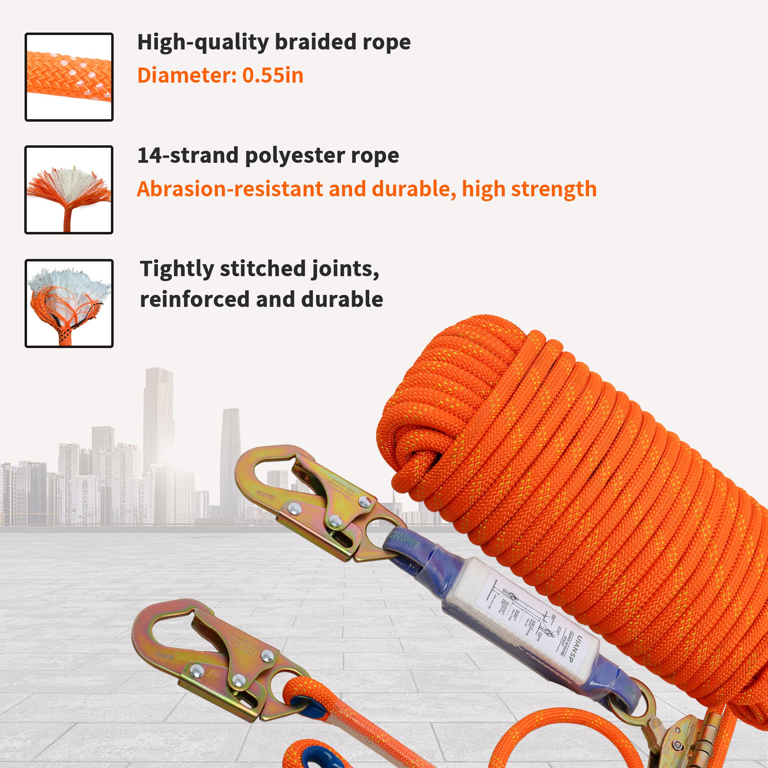 Lasso Rope 50ft Fall Protection Safety Rope Kit – With Shock Absorber ...