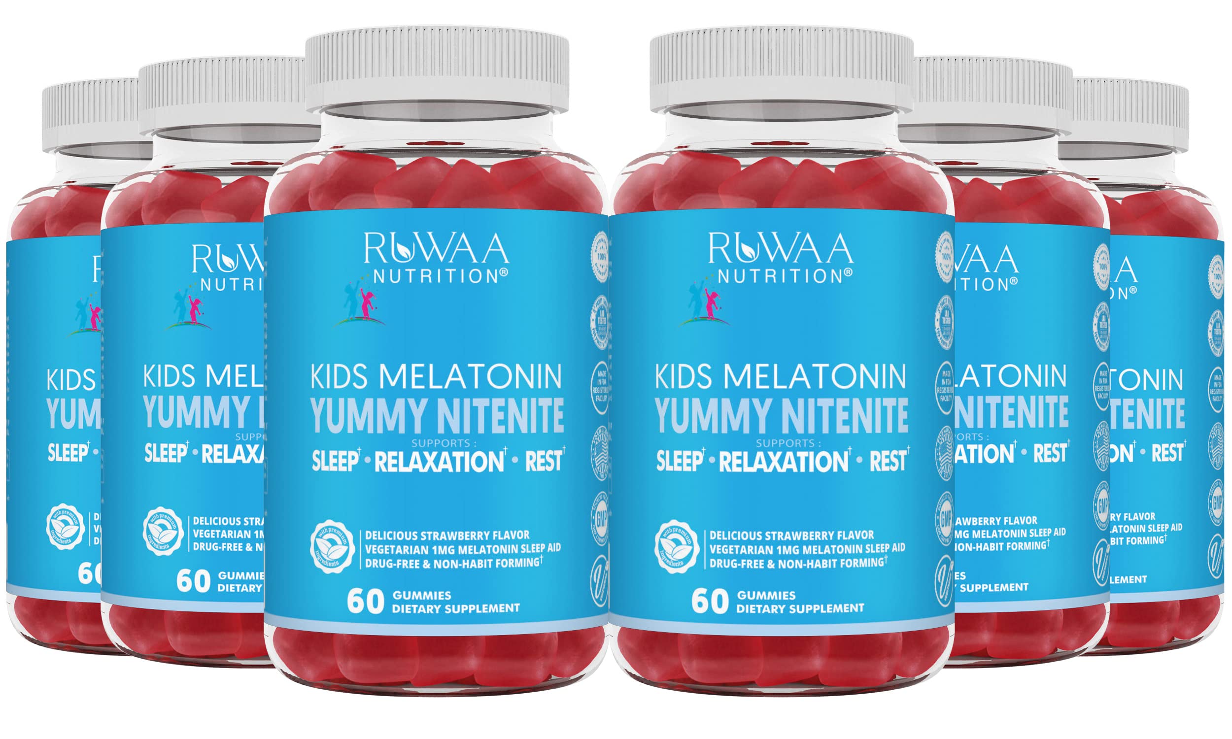 RUWAA NUTRITION Kids Melatonin Gummies 1 mg, Safe, Drug-Free & Effective Natural Sleep Aid for Kids. Children Melatonin Gummy, Gluten-Free Vegetarian Restful Sleep Support for Ages 4+. 360ct (6)