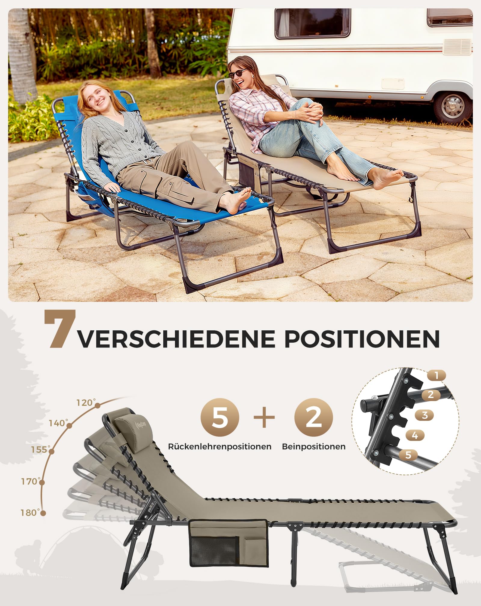 KingCamp Set: Klappbare Sonnenliege mit weicher Matratze – 5-stufig verstellbare Gartenliege (bis 180kg) & rutschfeste XL Liegebett-Auflage, Komfort-Set für Camping, Garten und Strand