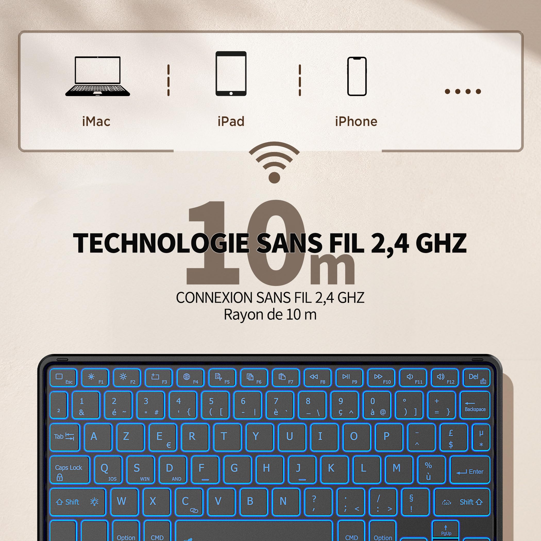 CACOE Clavier avec Pavé Tactile, Clavier sans Fil Bluetooth 10 Pouces avec Rétroéclairage, [AZERTY] Clavier Léger Fin pour iPad, iPad Pro/Air, Android Samsung, Xiaomi, Huawei, Lenovo Tablette,Noir
