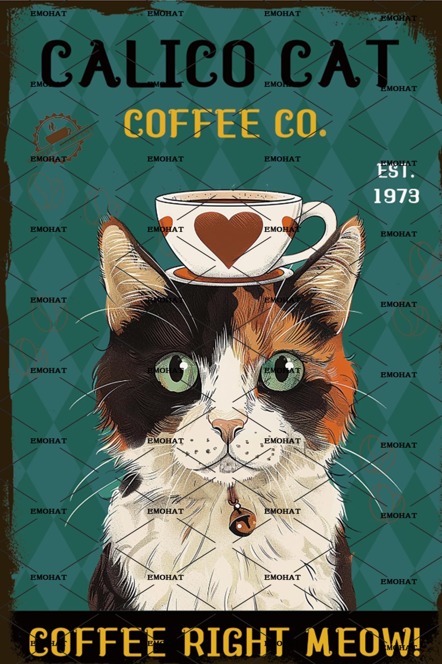 Cat Metal Sign - Funny Wall Decor - Calico Cat Coffee Co. - Meow! - 8x12 Inch