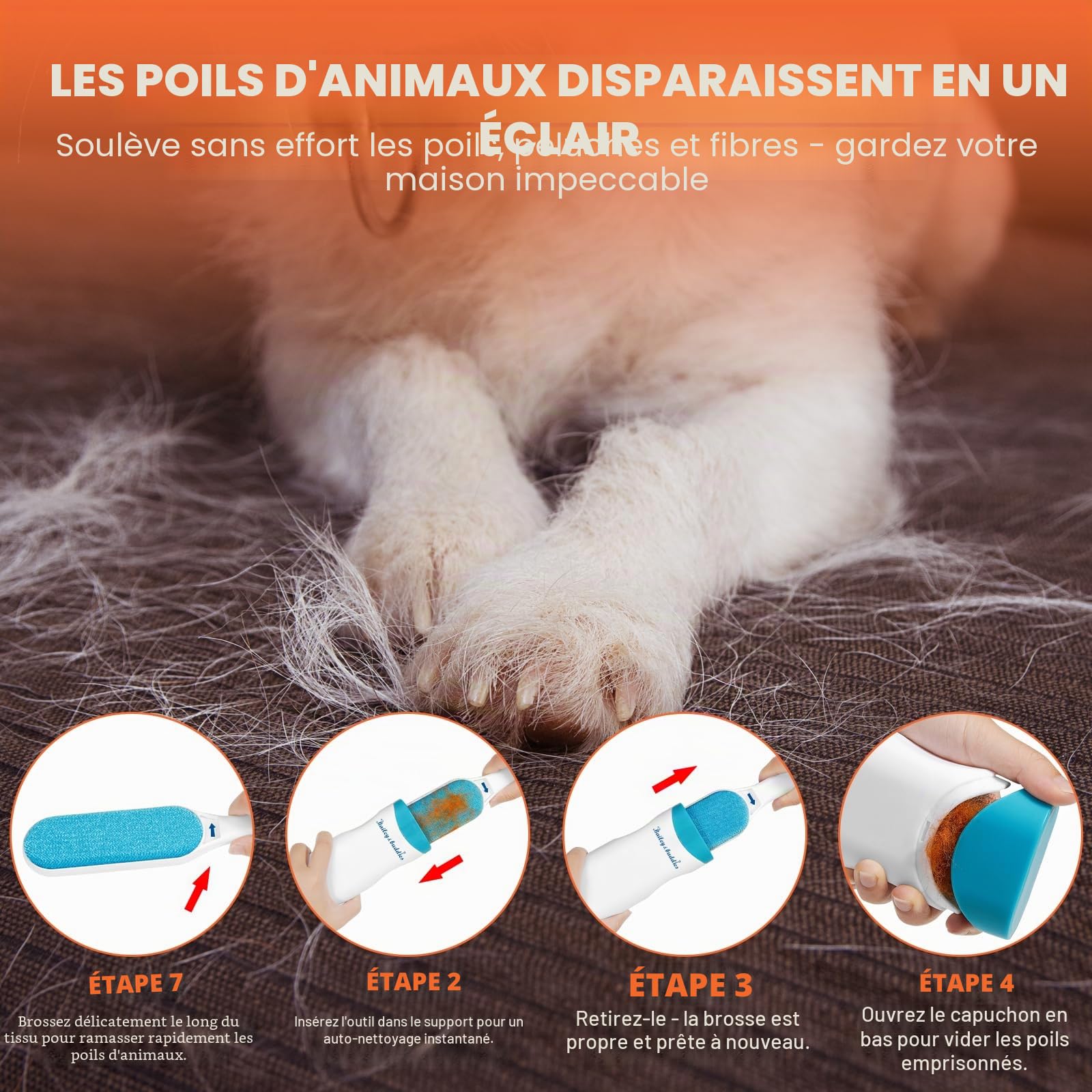 Bailey & buddies Brosse à poils d'animaux de compagnie, base autonettoyante, anti-peluches réutilisable, enlève les poils de chat et de chien, peluches de tapis et canapé, vêtements