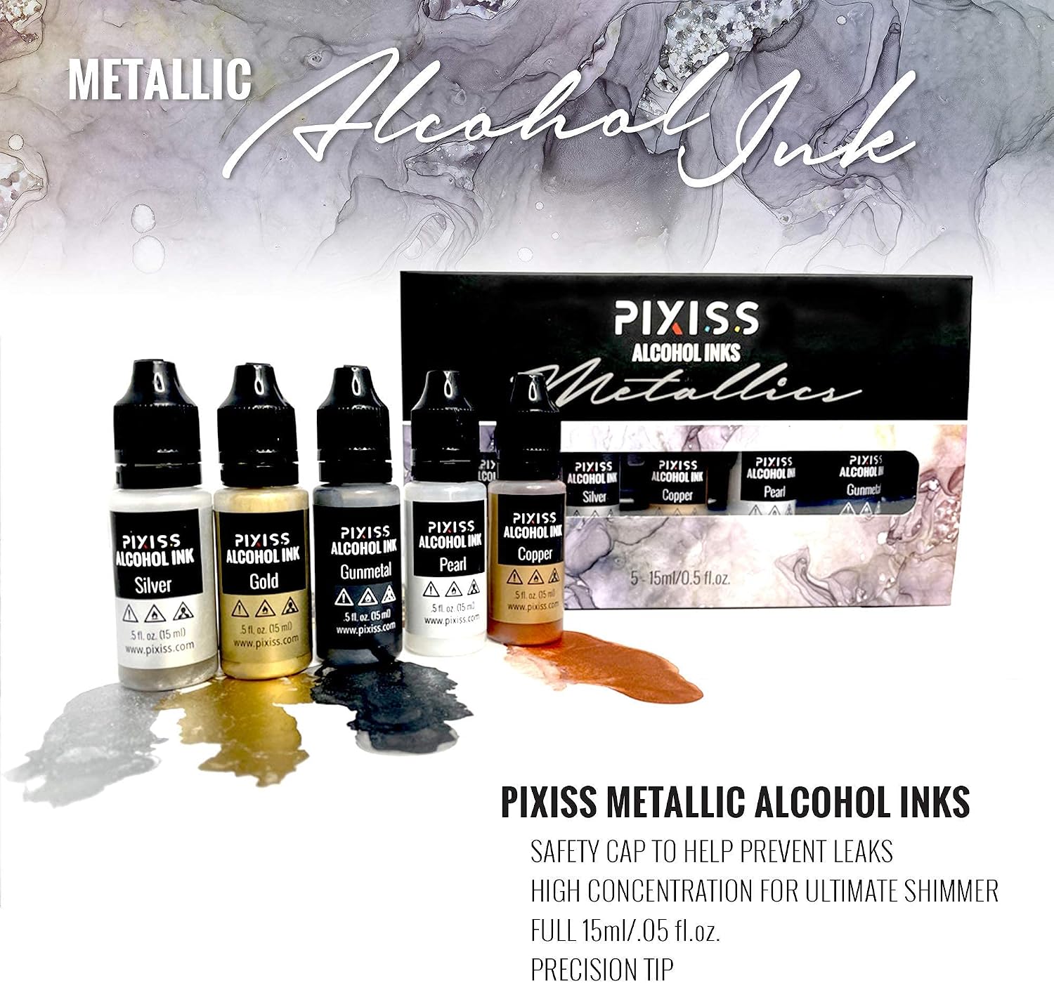 Pixiss 25 Pack Large Alcohol Inks 0.5oz Bottles and Pixiss Metallic Alcohol Inks (Pearl, Gold, Silver, Gunmetal, Copper)