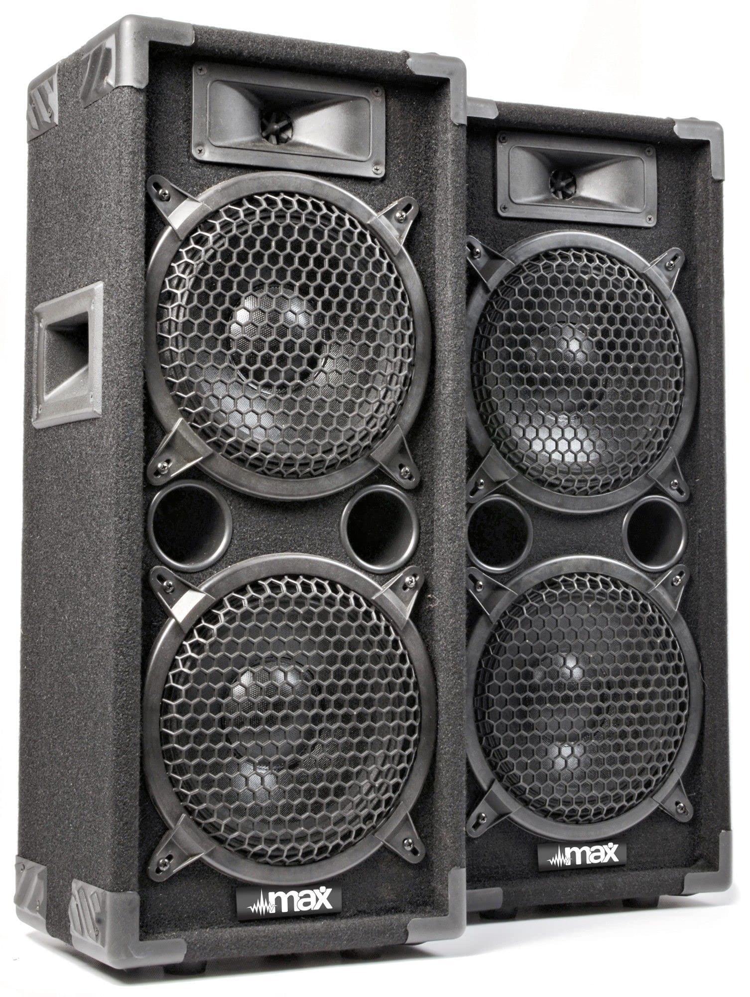 MAX MAX28 PA Lautsprecher passiv, DJ Boxen, 1600 Watt Peak, Partyboxen Set mit Griffe, 2 x 8 Zoll Doppel-Tieftöner, DJ Party Lautsprecher Paar, Lautsprecherbox, Schwarz