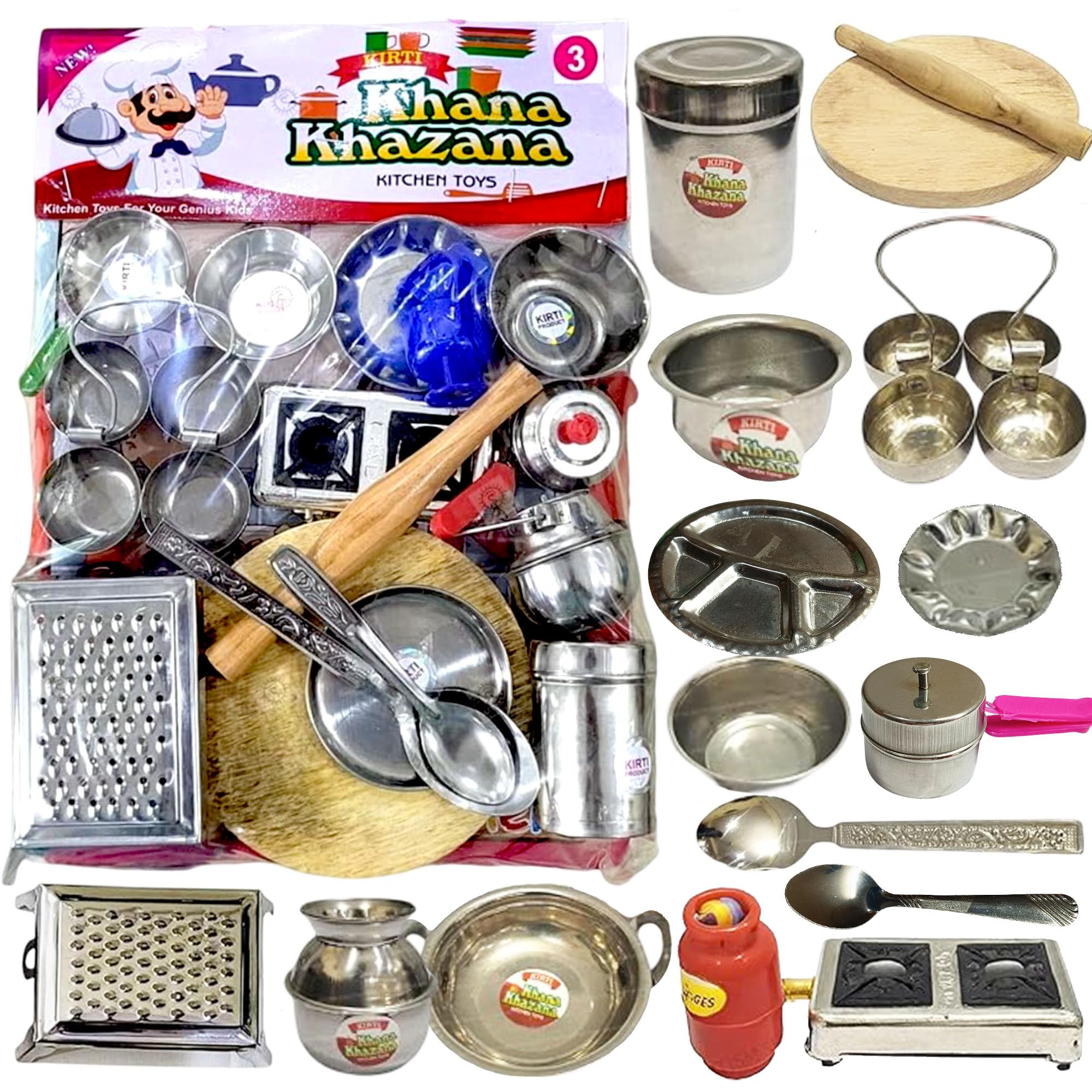 Steel Kitchen Set Toys for Kids, Role Playing Kitchen Set of Stainless Steel with Wooden Chakla Belan Set, Master Chef Role Playing Kitchen Set Master Chef for Kids (Kitchen Set No-03)