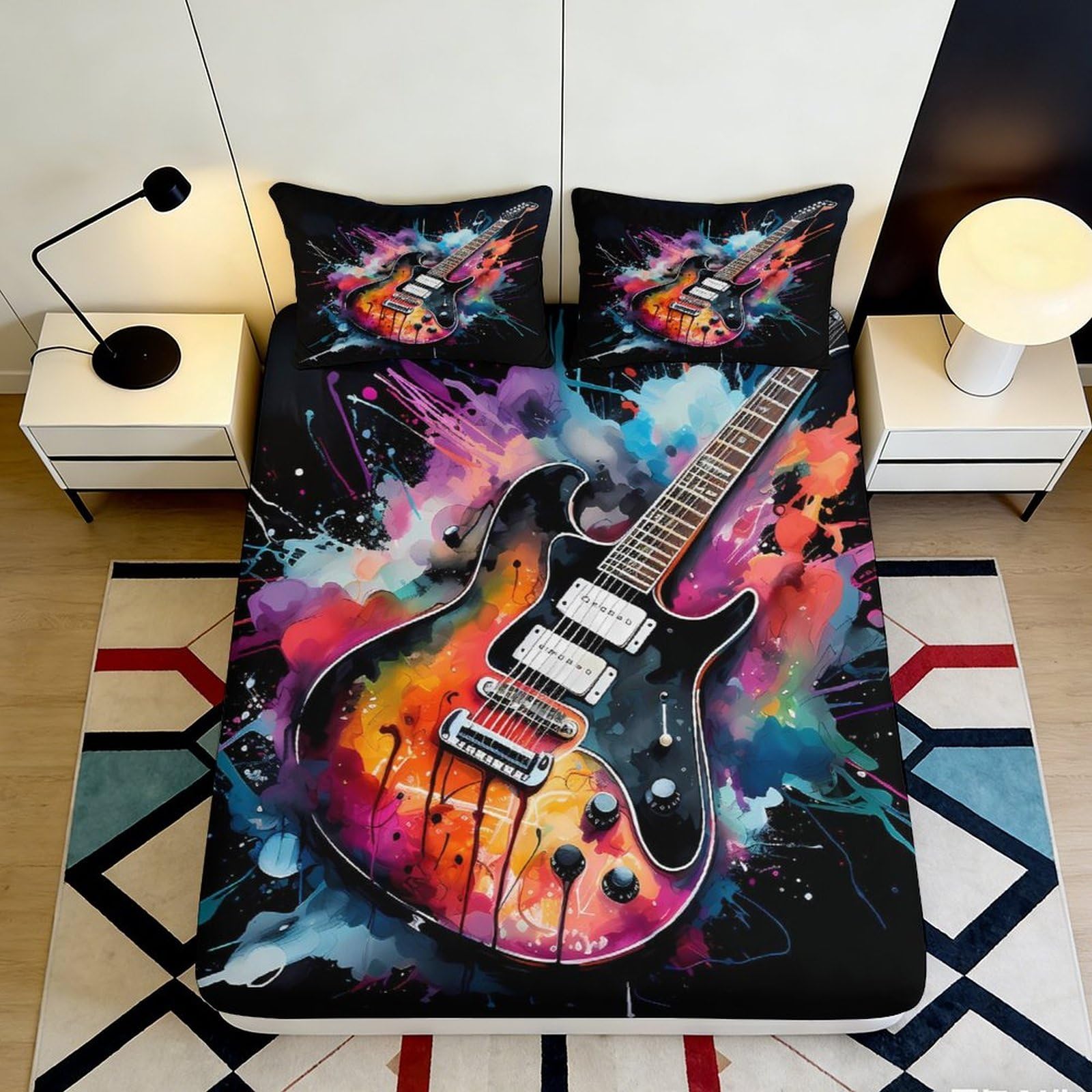 3D Printed Electric Guitar Fitted Sheet Microfiber Color Splash Artistic Mattress Cover for Bedroom Dorm Decor 90x200x25cm