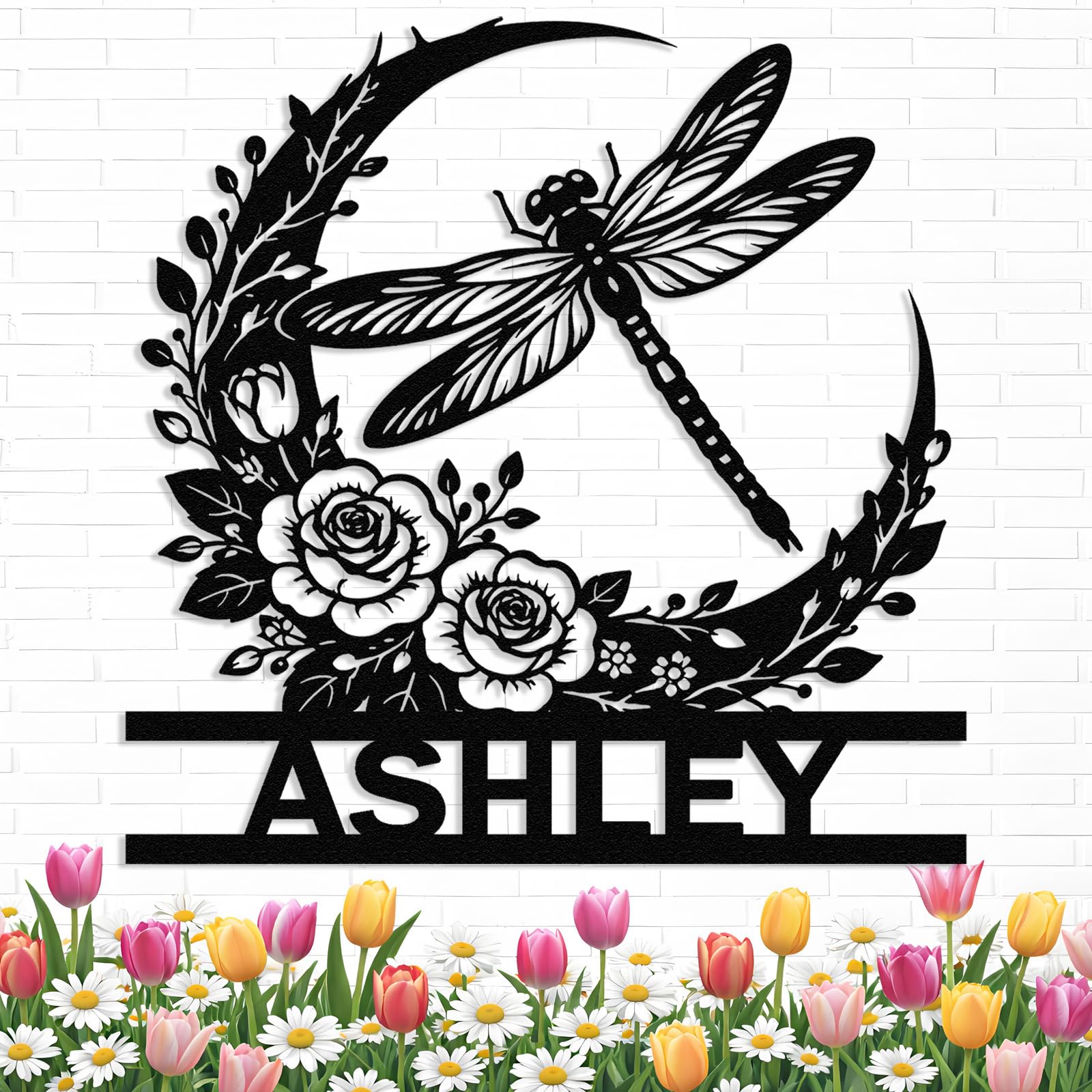 Custom Dragonfly Flower Metal Sign, Personalized Dragonfly Garden Wall Art, Outdoor Name Sign for Garden, Fence or Patio, Gift for Mom, Grandma or Gardener (Style A)