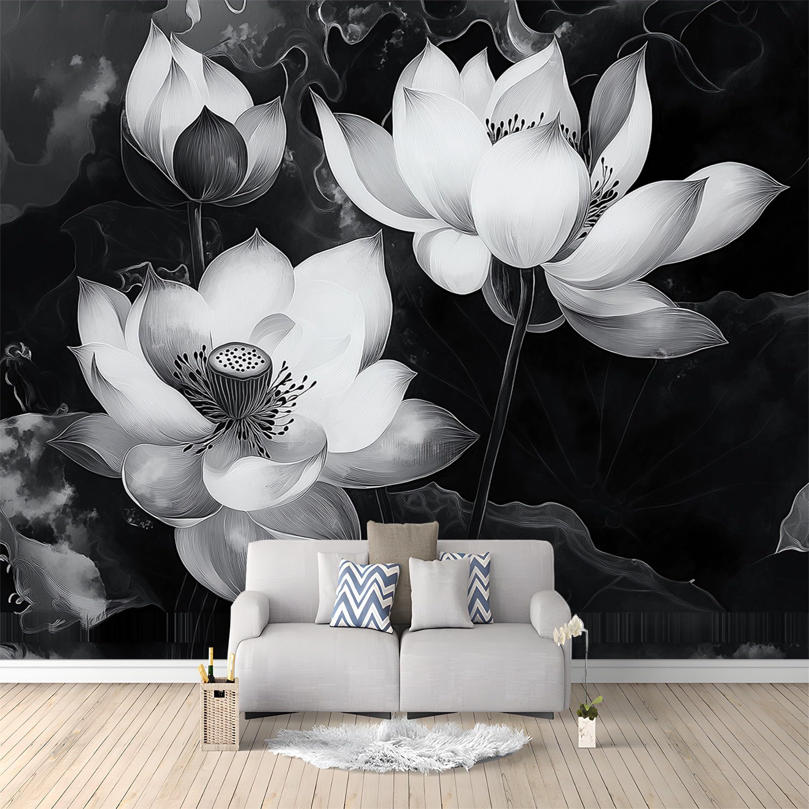Tapeta kwiatowa Lotos Sztuka Czarny Biały 250 x 175 cm (szer. x wys.) , Fototapety z włókniny Nowoczesne tapety, malowidła ścienne Plakat z efektem 3D Wodoodporne fototapety do kuchni łazienki pokoju