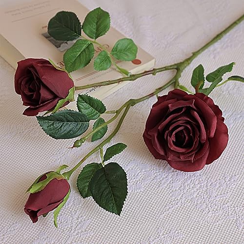 Miniatura 1 de Sarkoyar Ramo de rosas artificiales de 1 rama 3 cabezas de un solo tallo para decoración de tumbas de jardín arreglos de boda rojo vino 29 pulgadas