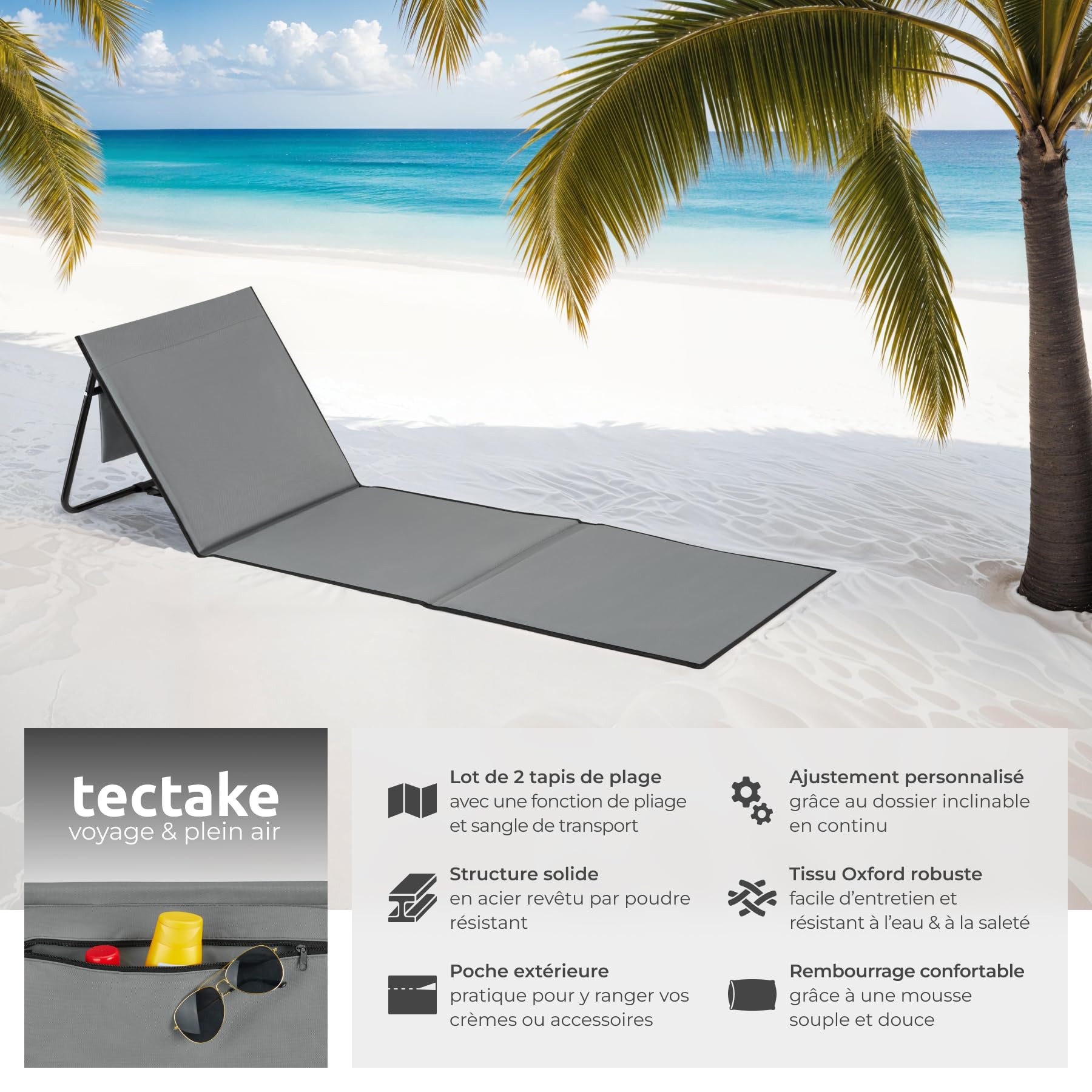 tectake® Lot de 2 Matelas de Plage Pliable avec Dossier Réglable Bain de Soleil Chaise Longue de Plage avec Sangle de Transport, Matelas Pliable 1 Personne idéal Camping, Voyage