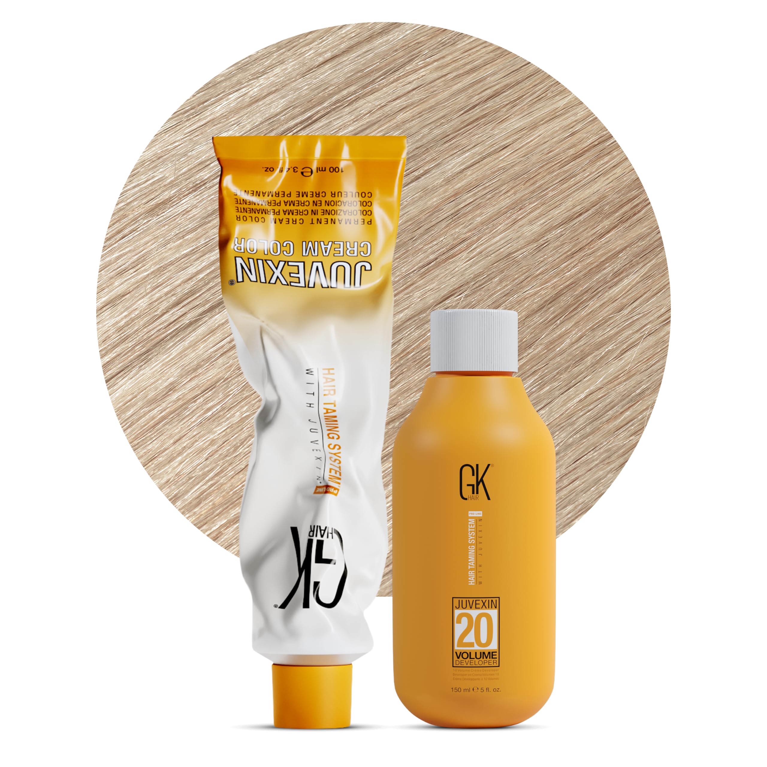 GK HAIRGlobal Keratin Natural 10 Lightest Platinum Blonde Hair Color Cream Tube (3.4 Fl Oz/100ml) + 20 Volume Developer (5 Fl Oz/150ml) - Professional Permanent Long Lasting Toner Dye