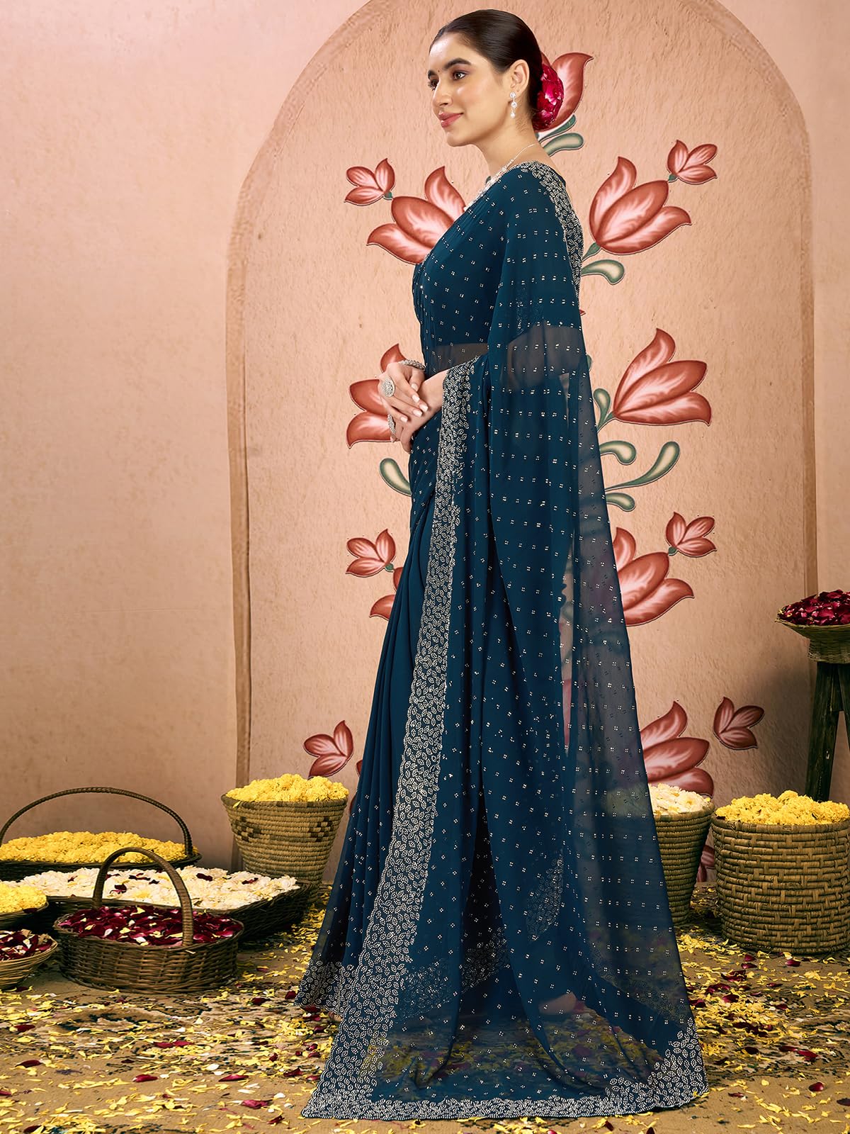 Satrani Women's Georgette Stone Work Saree With Unstitched Blouse Piece (4085S187N_Rama Blue2)