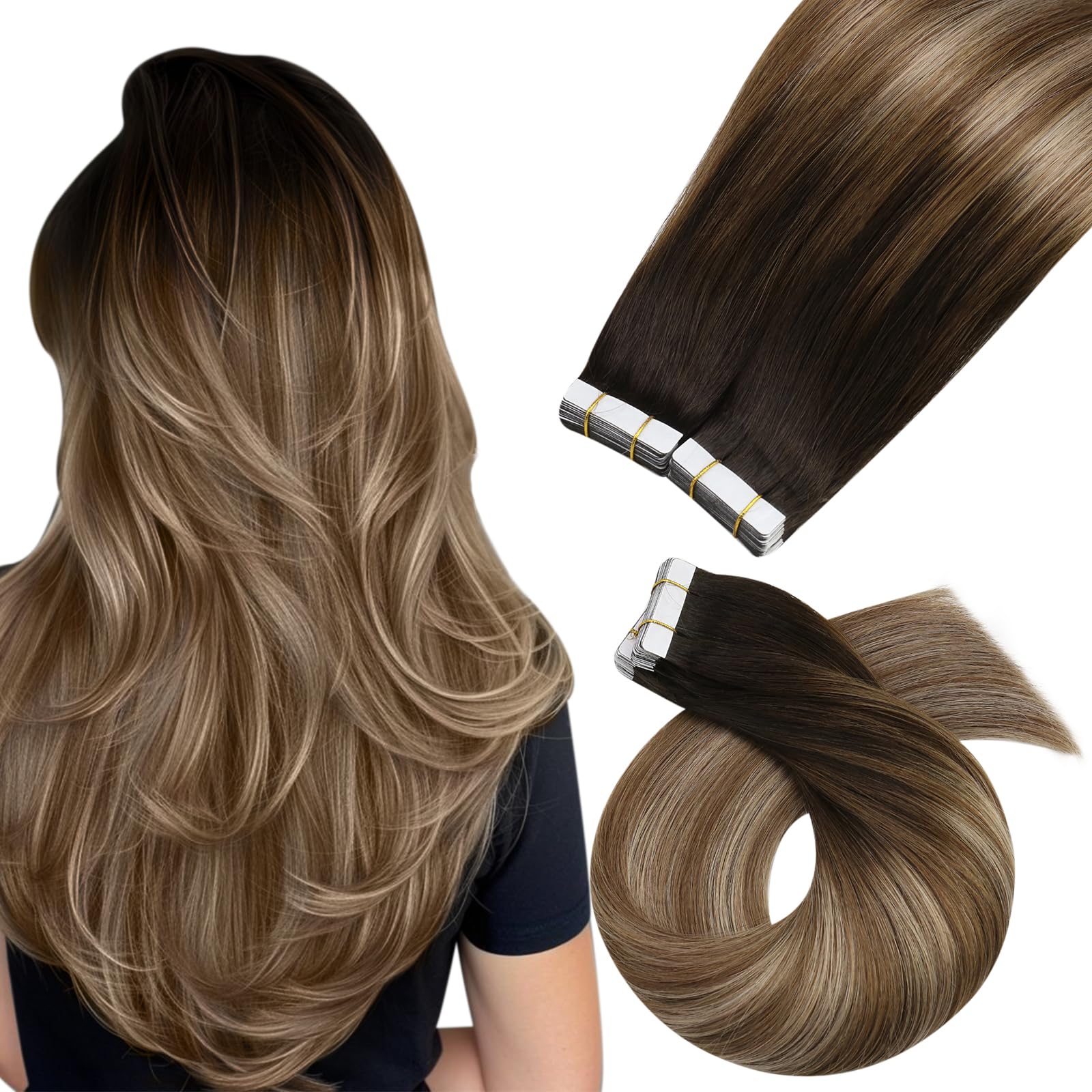 Moresoo Tape in Hair Extensions Human Hair 100g 24 Inch Long for Full Head Tape in Extensions Thick Human Hair Balayage Dark Brown to Golden Brown with Honey Blonde 40 Pieces #4/10/16
