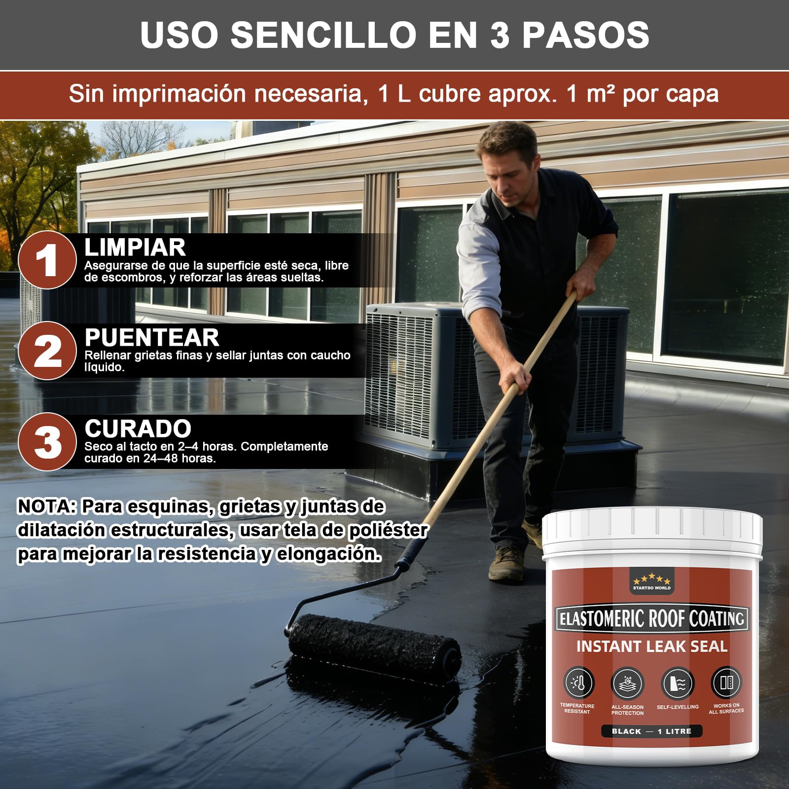 Caucho líquido impermeabilizante 1 L negro – membrana elástica sin imprimación para tejados, revestimiento impermeable para terrazas, canalones, hormigón, madera y metal