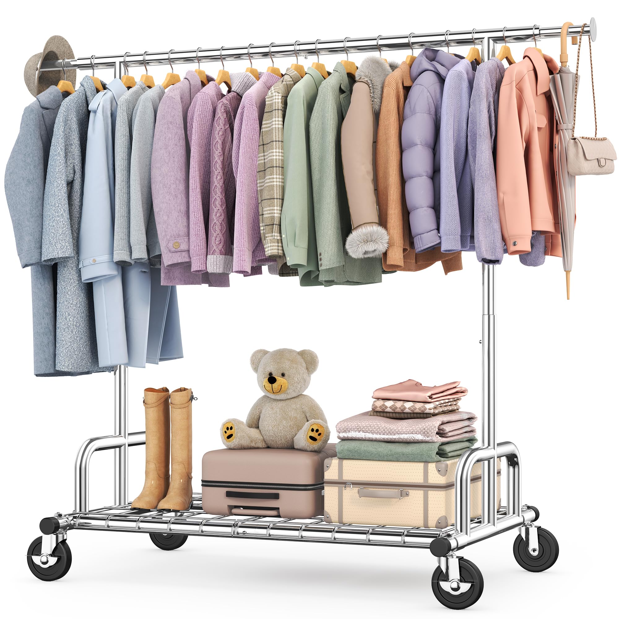 HOKEEPER Clothing Garment Rack Capacity 525LBS Clothing Racks on Wheels Rolling Clothes Rack for Hanging Clothes Heavy Duty Collapsible Commercial